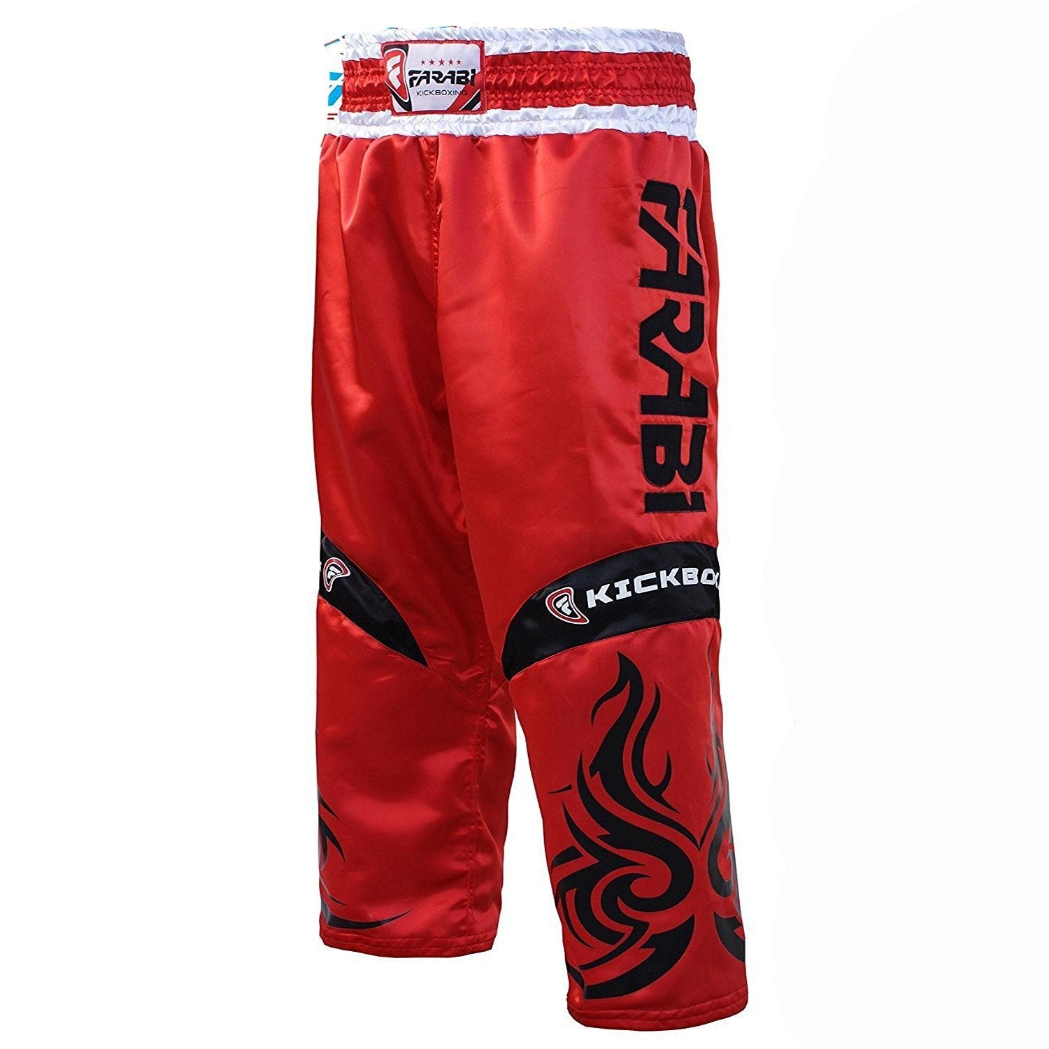 Farabi Sports kickboxing trousers with a bold red and black design, featuring fiery graphics for durability and style.