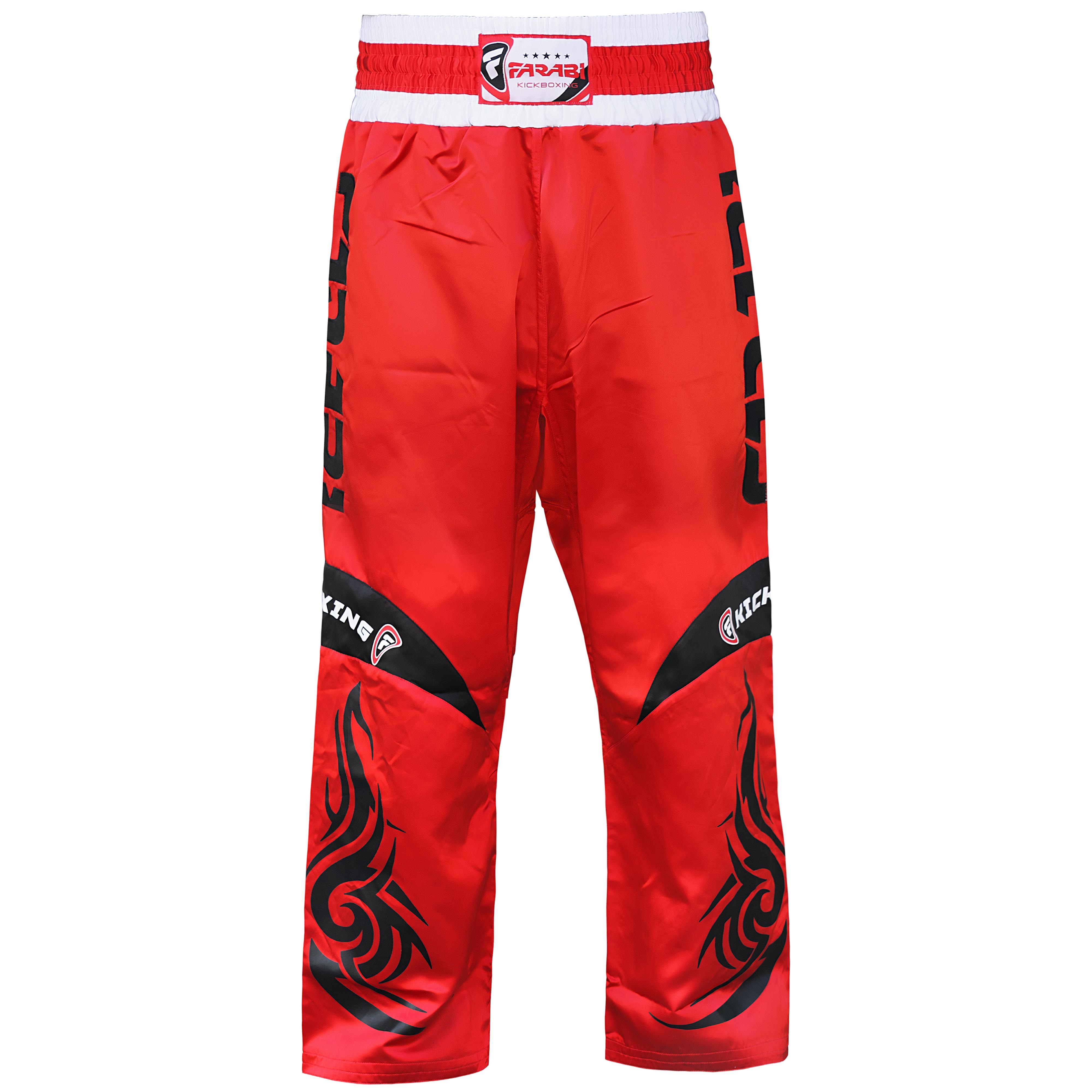 Farabi Sports kickboxing trousers with a bold red and black design, featuring fiery graphics for durability and style.