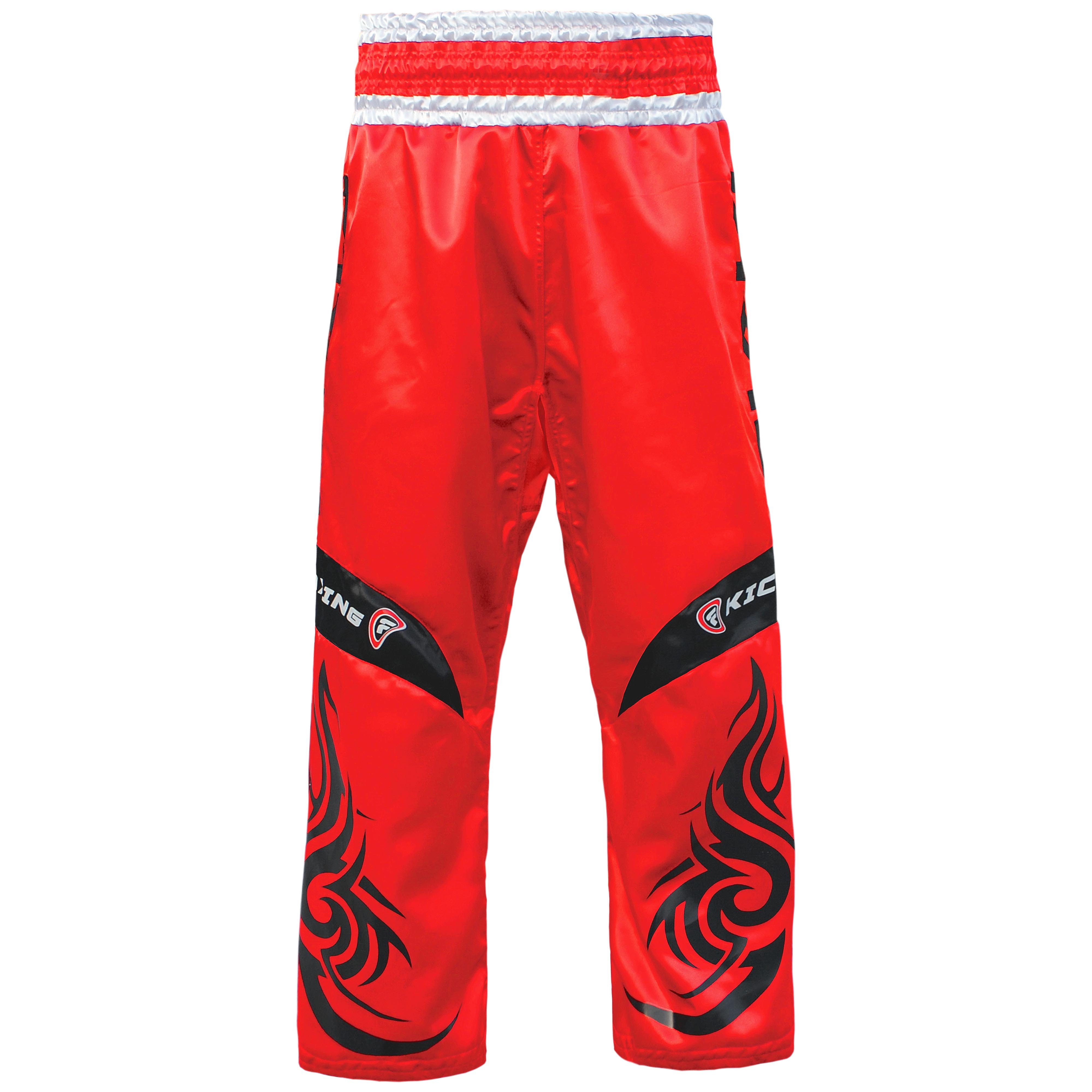 Farabi Sports kickboxing trousers with a bold red and black design, featuring fiery graphics for durability and style.