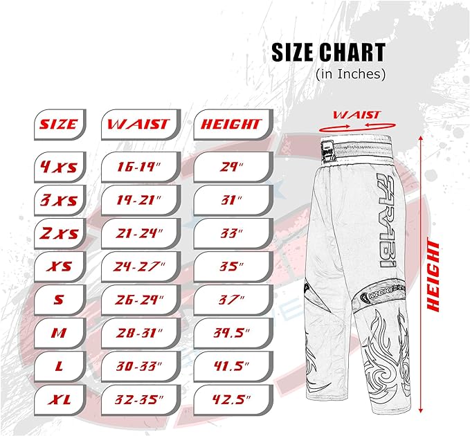 Farabi Sports kickboxing trousers size chart showing waist and height measurements for various sizes in inches.