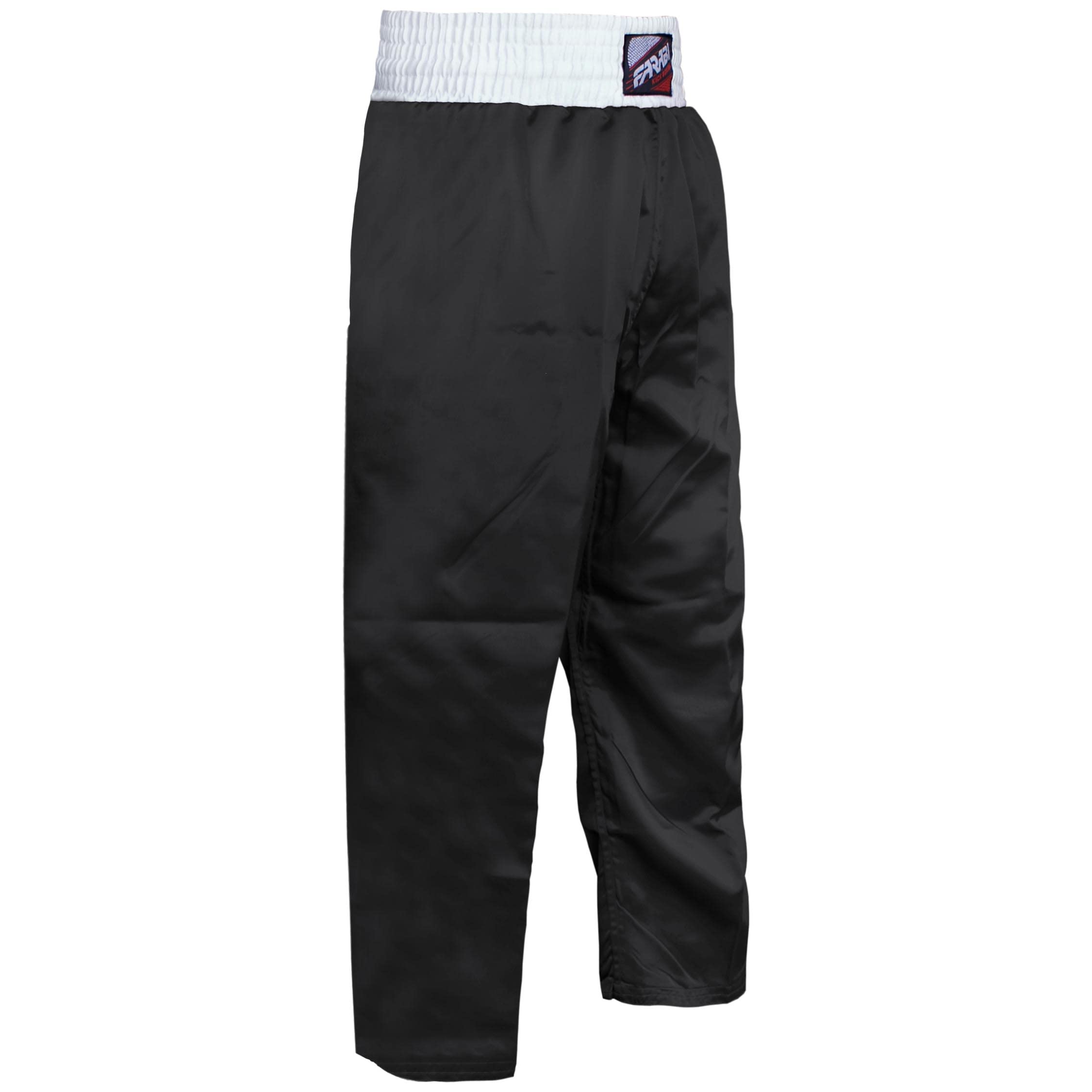 Farabi Sports kickboxing trousers with a sleek black design, offering durability and style for training and competition.