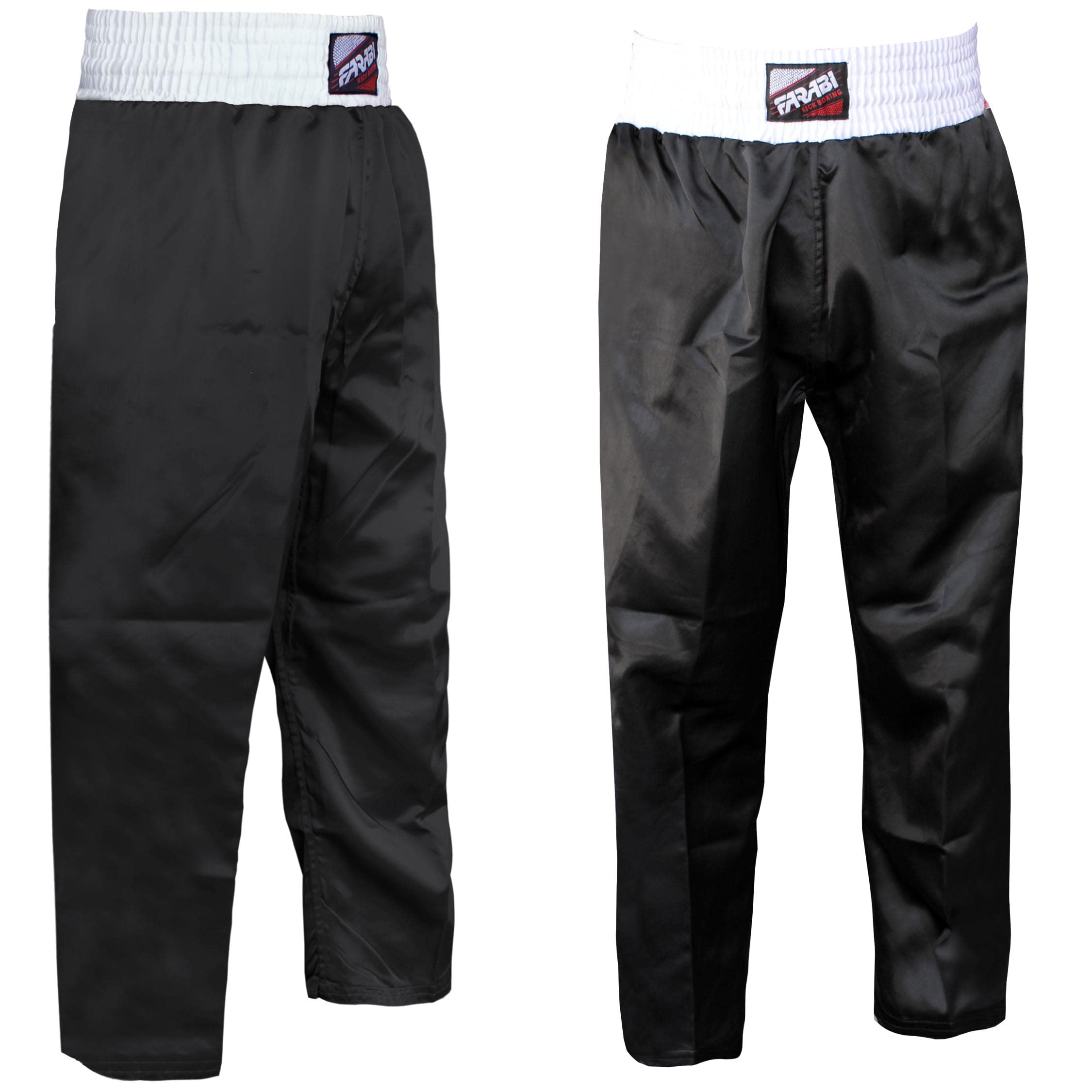 Farabi Sports kickboxing trousers with a sleek black design, offering durability and style for training and competition.