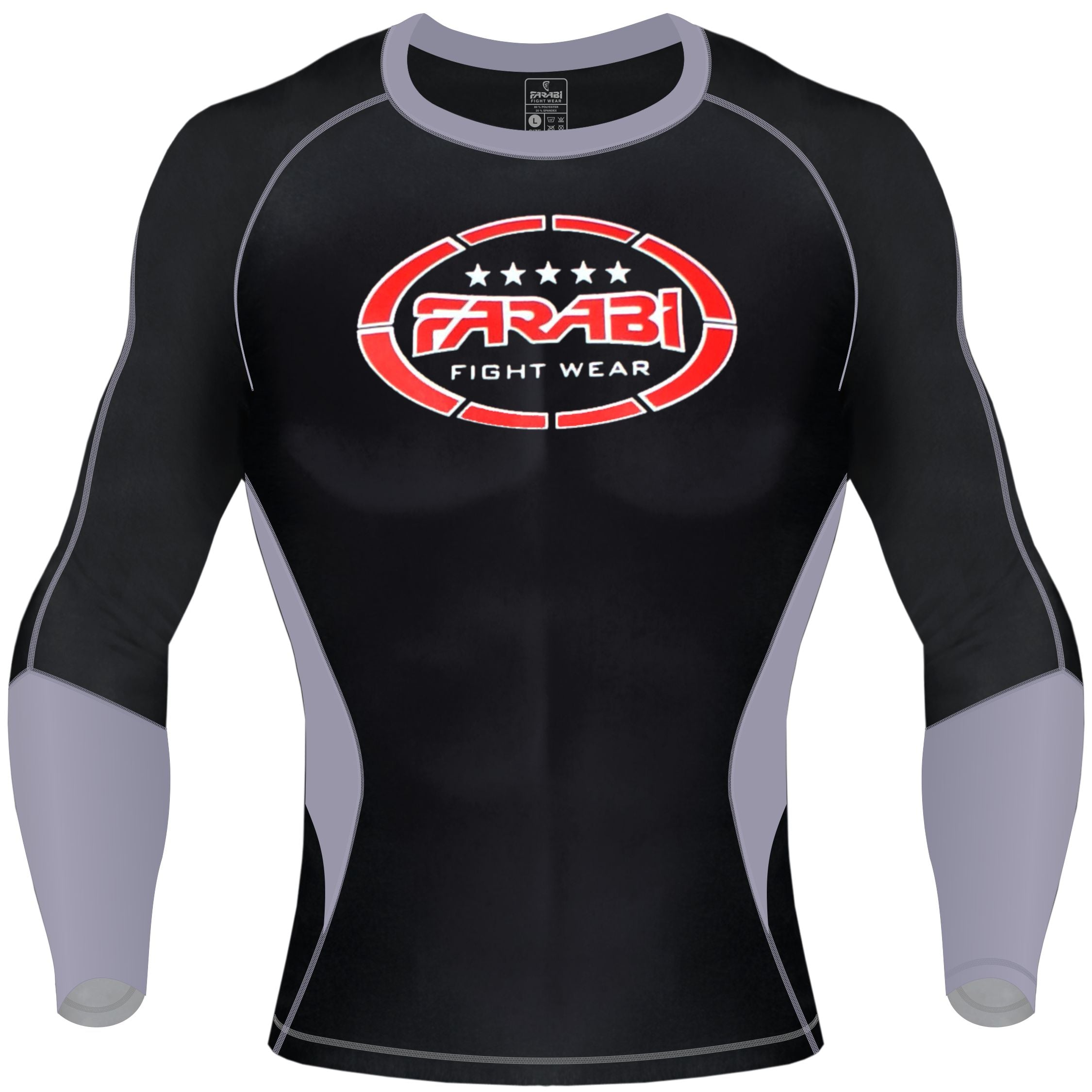 Farabi Sports long-sleeve rash guard with a bold black and gray design, featuring the brand logo for durability and style.