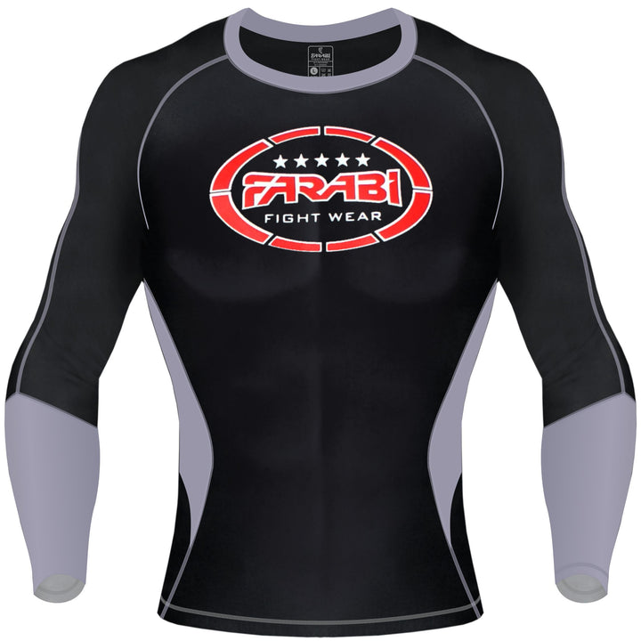 Farabi Sports long-sleeve rash guard with a bold black and gray design, featuring the brand logo for durability and style.