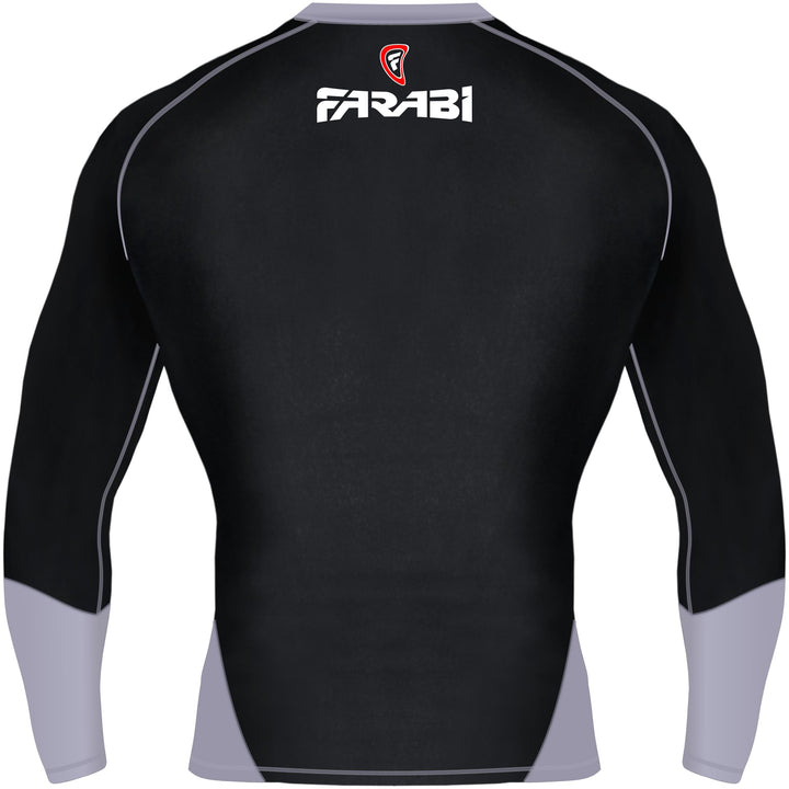 Farabi Sports long-sleeve rash guard with a bold black and gray design, featuring the brand logo for durability and style.