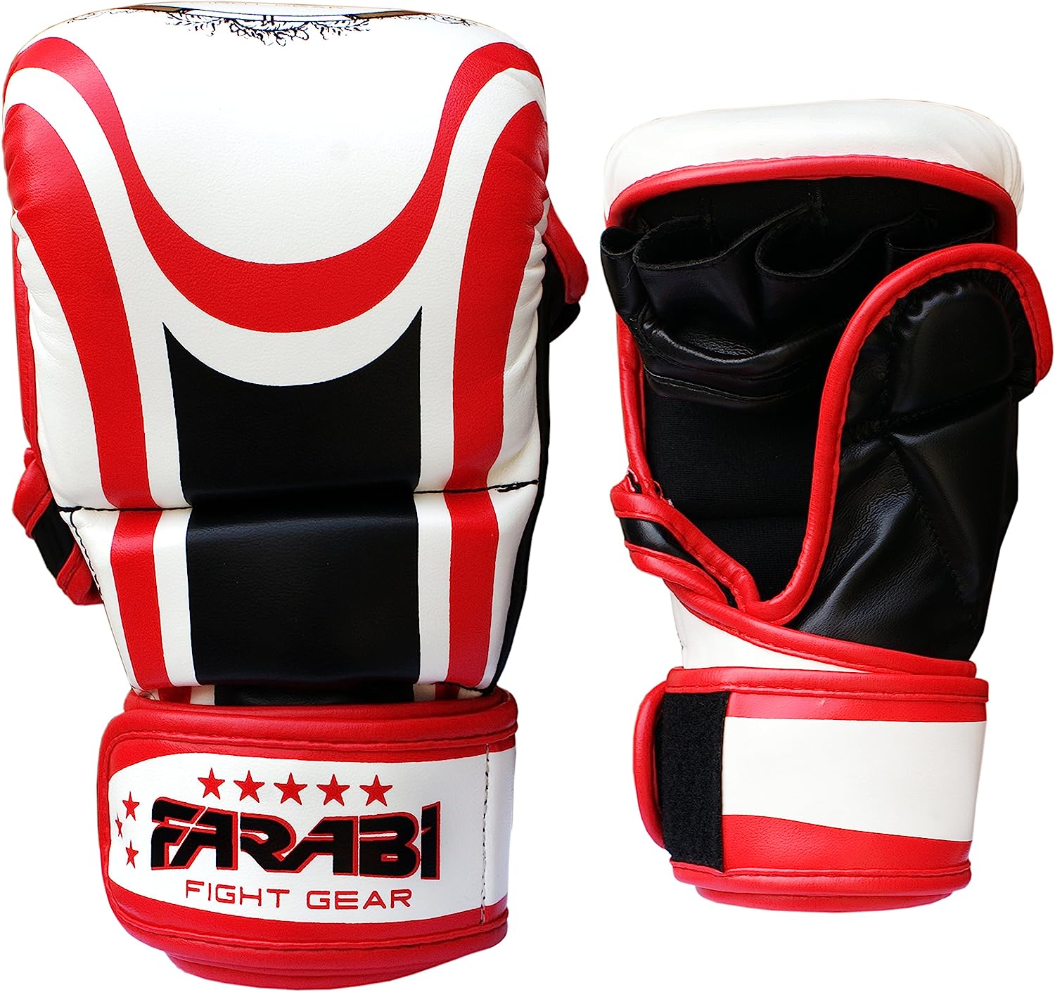 Farabi Sports fighting sparring gloves with bold red, white, and black design, offering durability and comfort for training and competition.
