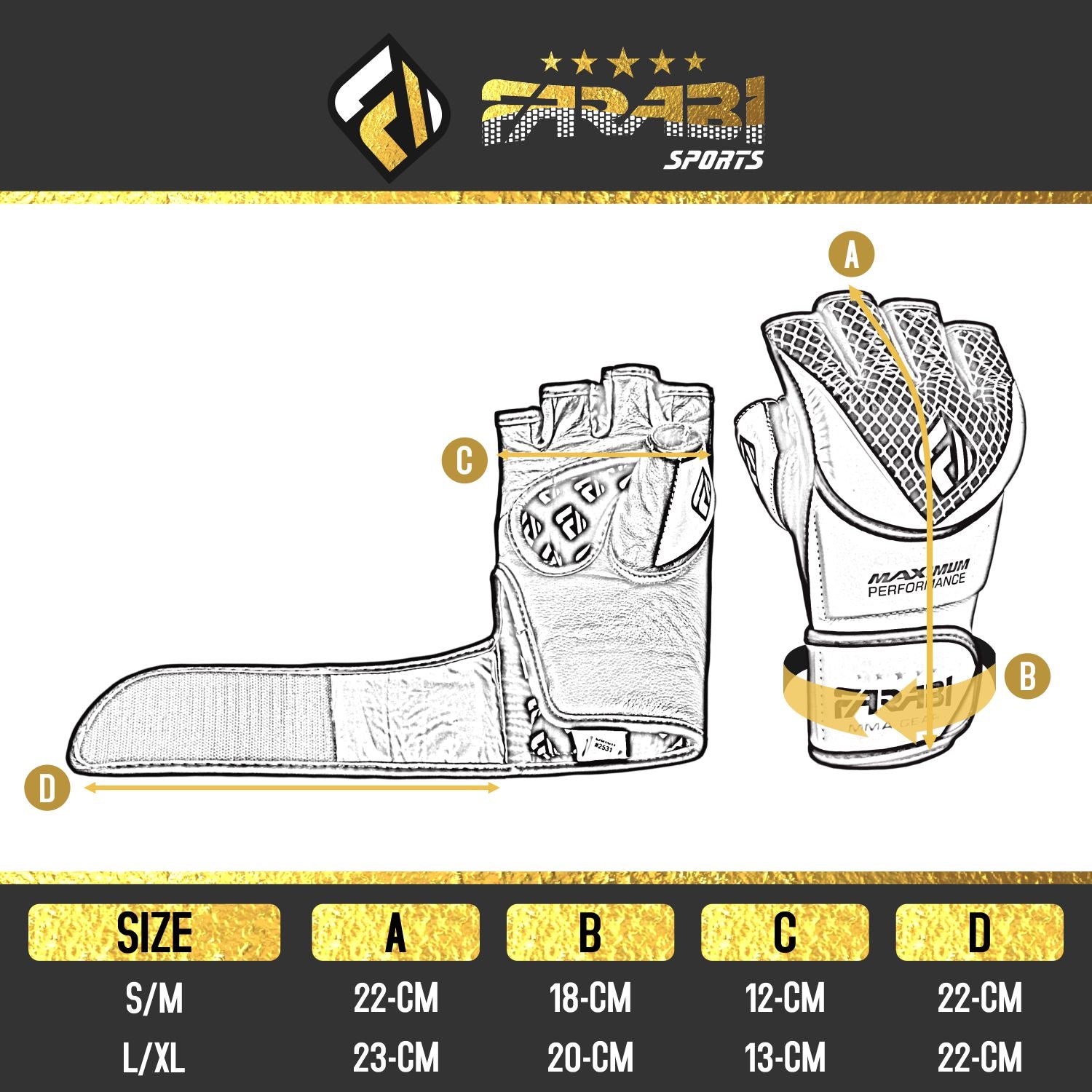 Farabi Sports MMA gloves size guide showing measurements for wrist circumference, palm length, and overall glove dimensions.