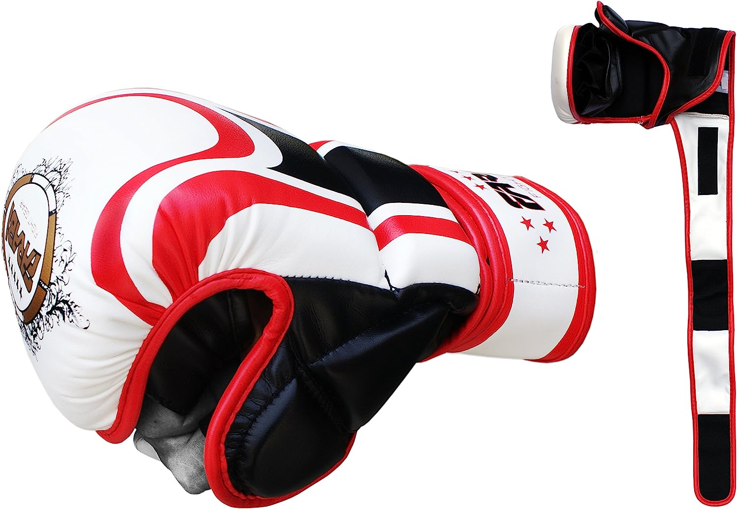 Farabi Sports  Boxing MMA gloves with a bold red, white, and black design, offering durability and comfort for training and competition.