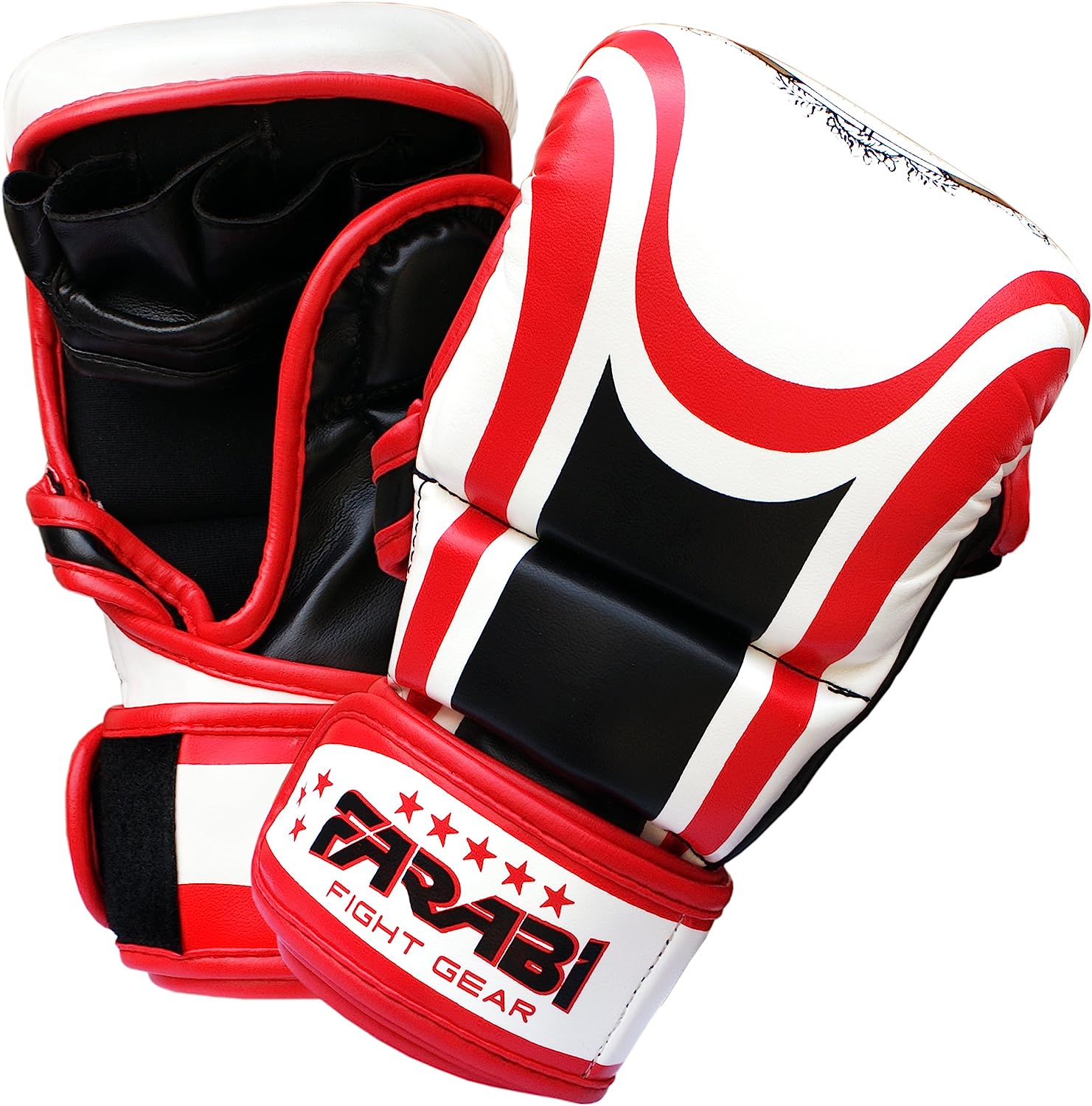 Farabi Sports fighting sparring gloves with a striking red, white, and black design, featuring durable construction for training and competition.