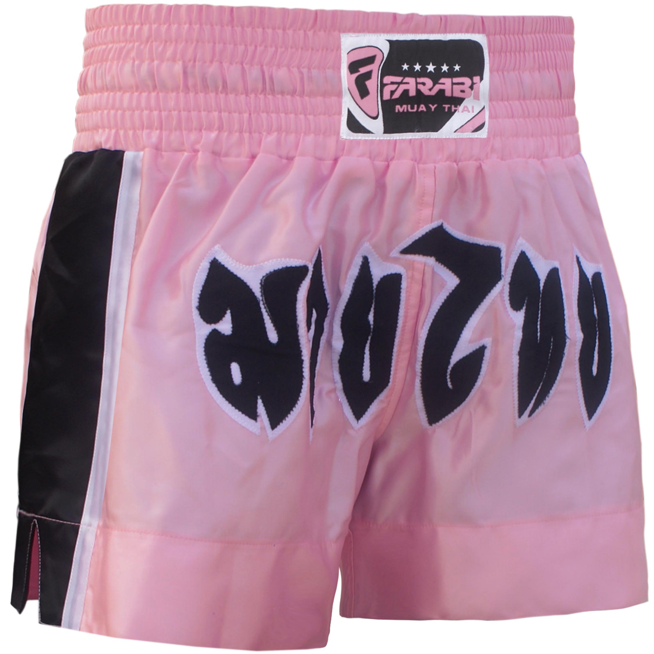 Farabi Sports Muay Thai shorts with a vibrant pink design featuring bold lettering for durability and style.