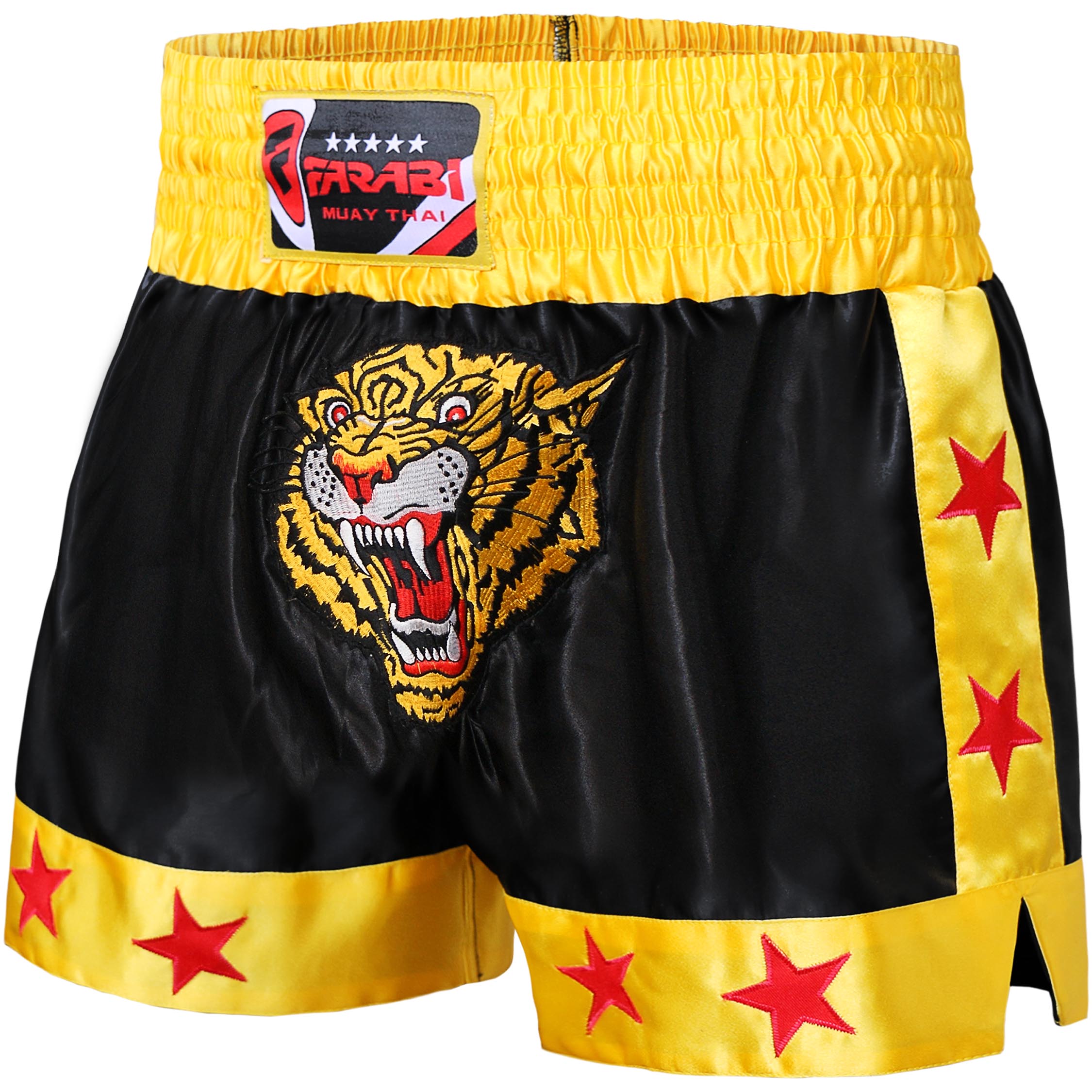 Farabi Sports Muay Thai shorts with a bold black and yellow design featuring a fierce tiger graphic for durability and style.