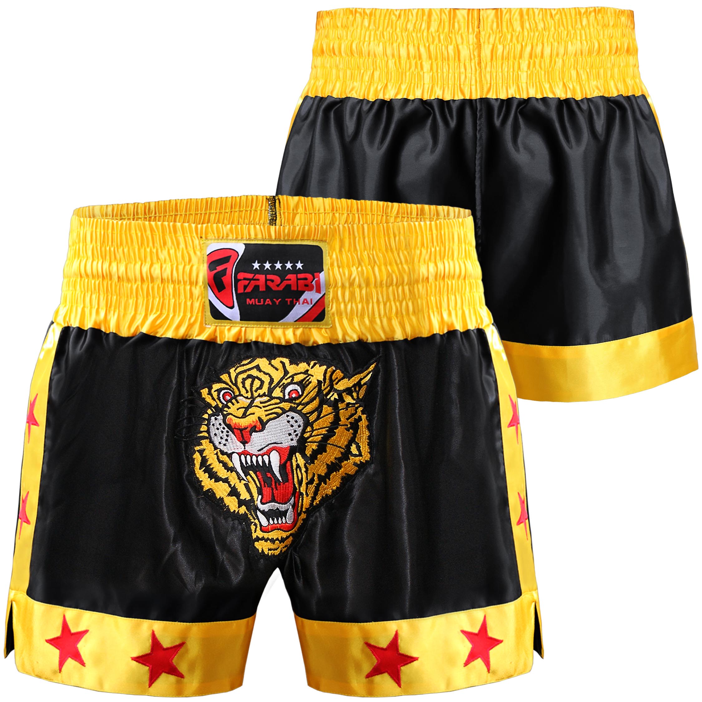 Farabi Sports Muay Thai shorts with a bold black and yellow design featuring a fierce tiger graphic for durability and style.