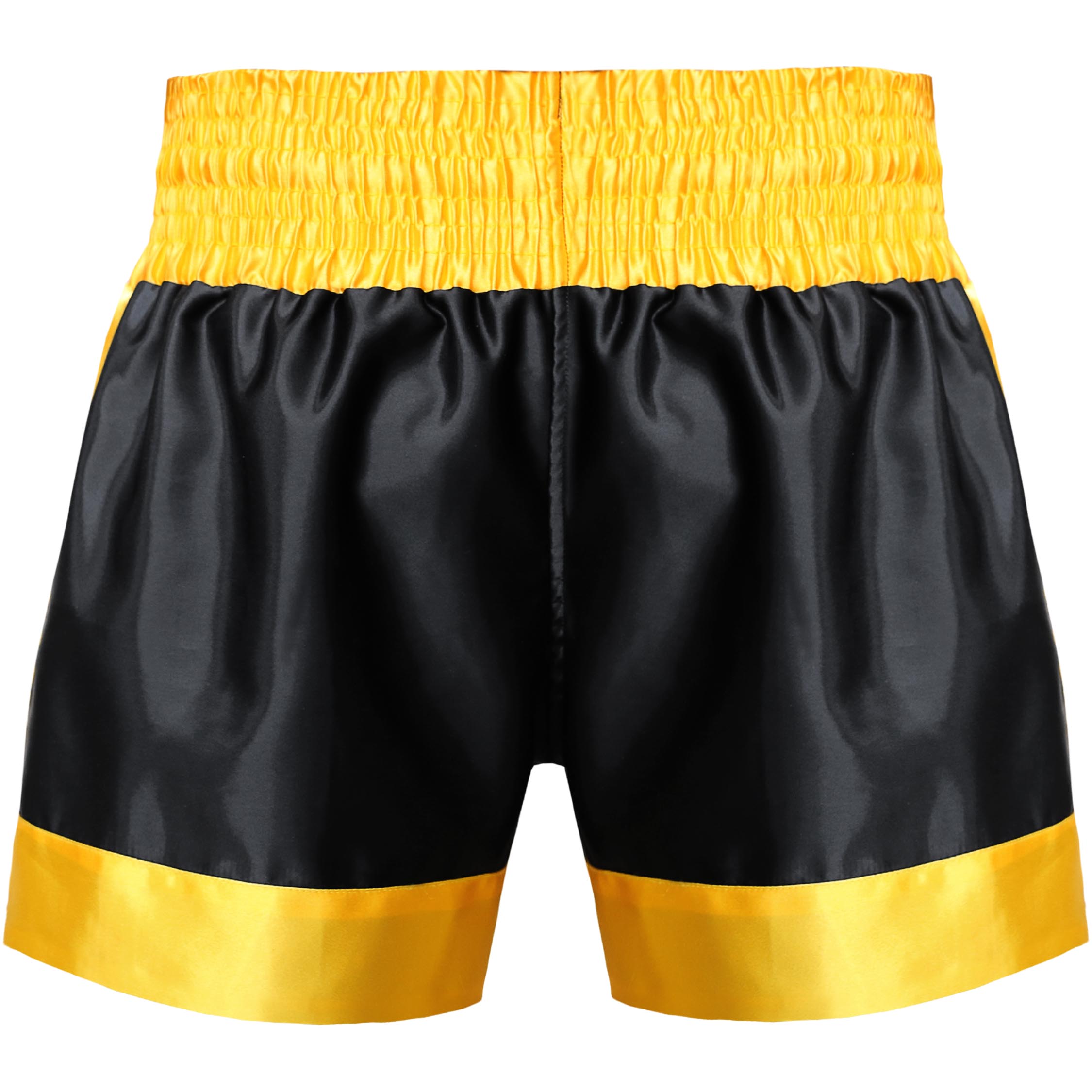 Farabi Sports Muay Thai shorts with a bold black and yellow design featuring durability and style.