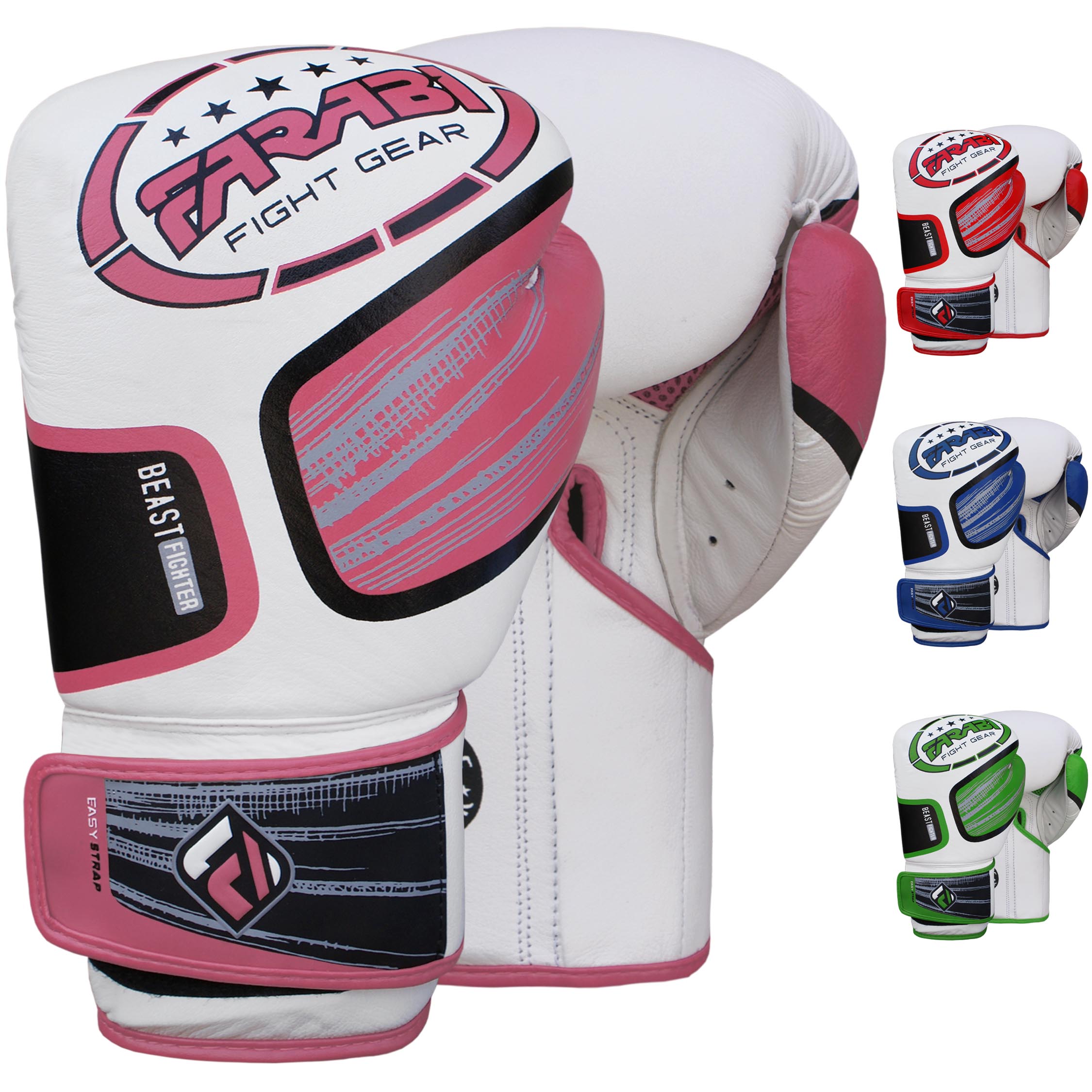 Farabi Sports Beast Fighter boxing gloves with a sleek white and Pink design, featuring an easy strap closure for comfort and performance.