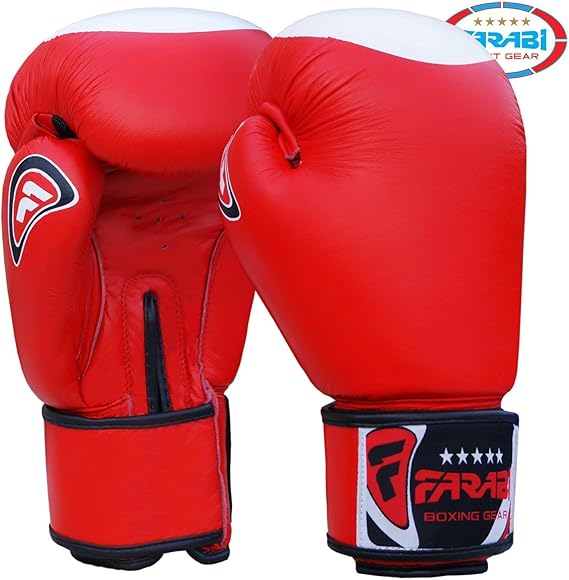 Farabi Sports Genuine Leather boxing gloves in a sleek red and white design with gold accents, offering durability and style for training and competition.
