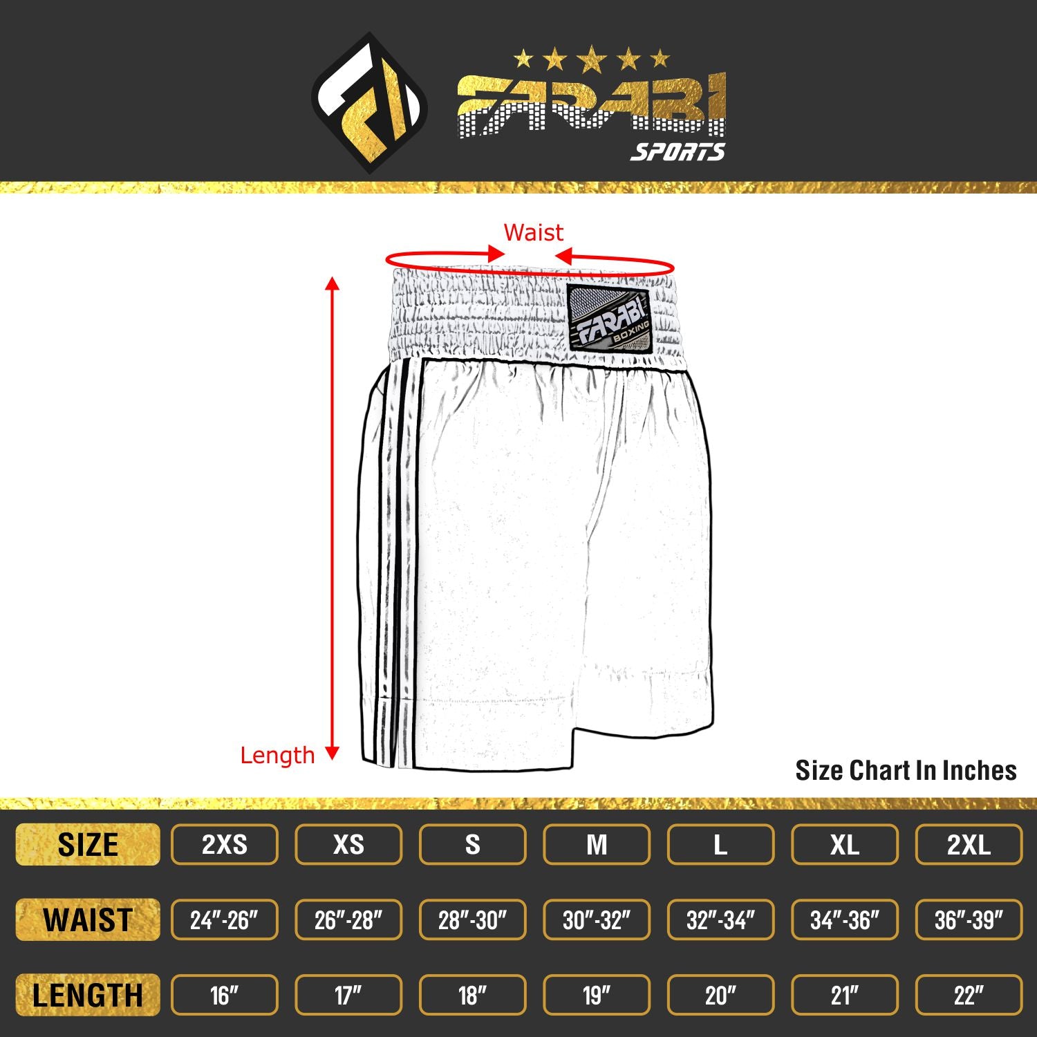 Farabi Sports boxing shorts size chart showing waist and length measurements for various sizes in inches.