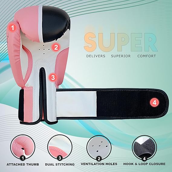 Farabi Sports boxing gloves for women with a pink and black design, featuring an attached thumb, dual stitching, ventilation holes, and hook-and-loop closure for superior comfort.


