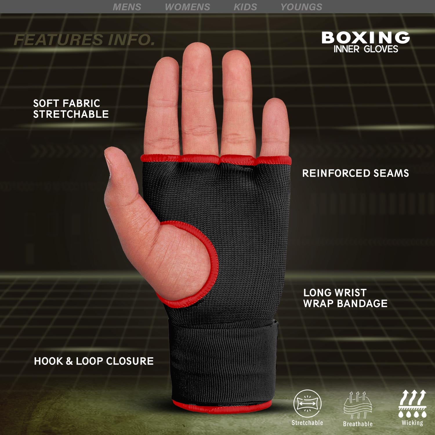 Farabi Sports boxing inner gloves with a black and red design, featuring soft fabric, reinforced seams, and a long wrist wrap bandage for enhanced support.