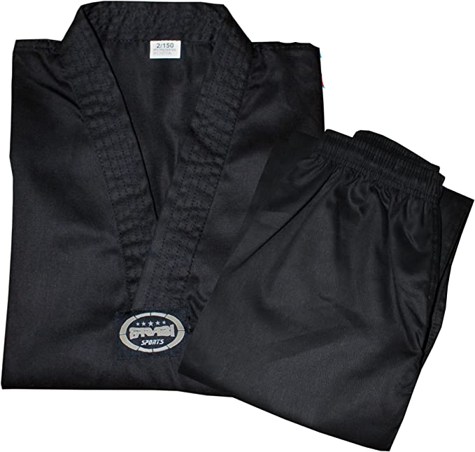 Farabi Sports black taekwondo suit featuring a traditional design for martial arts training.
