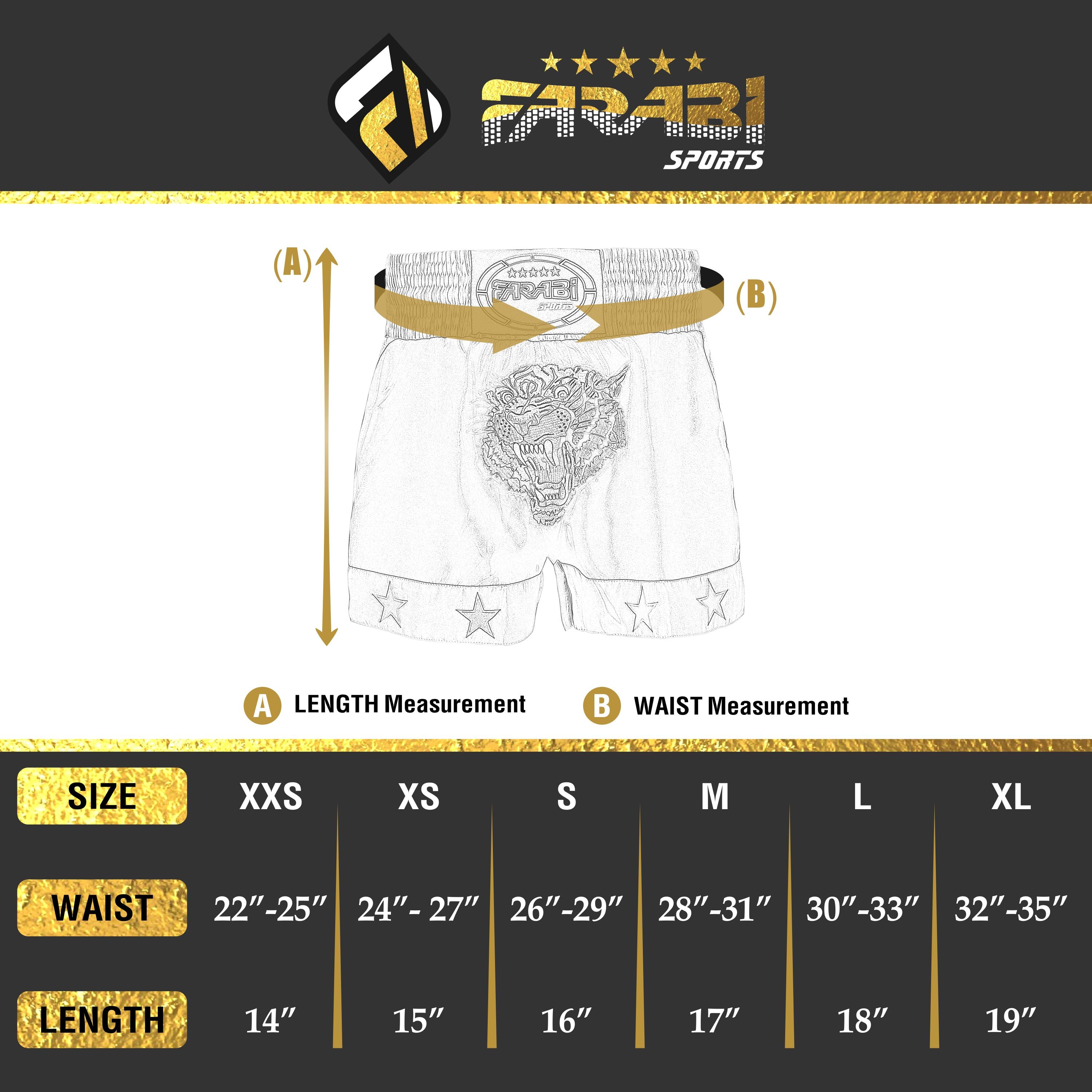 Farabi Sports Muay Thai shorts size chart showing waist and length measurements for various sizes.