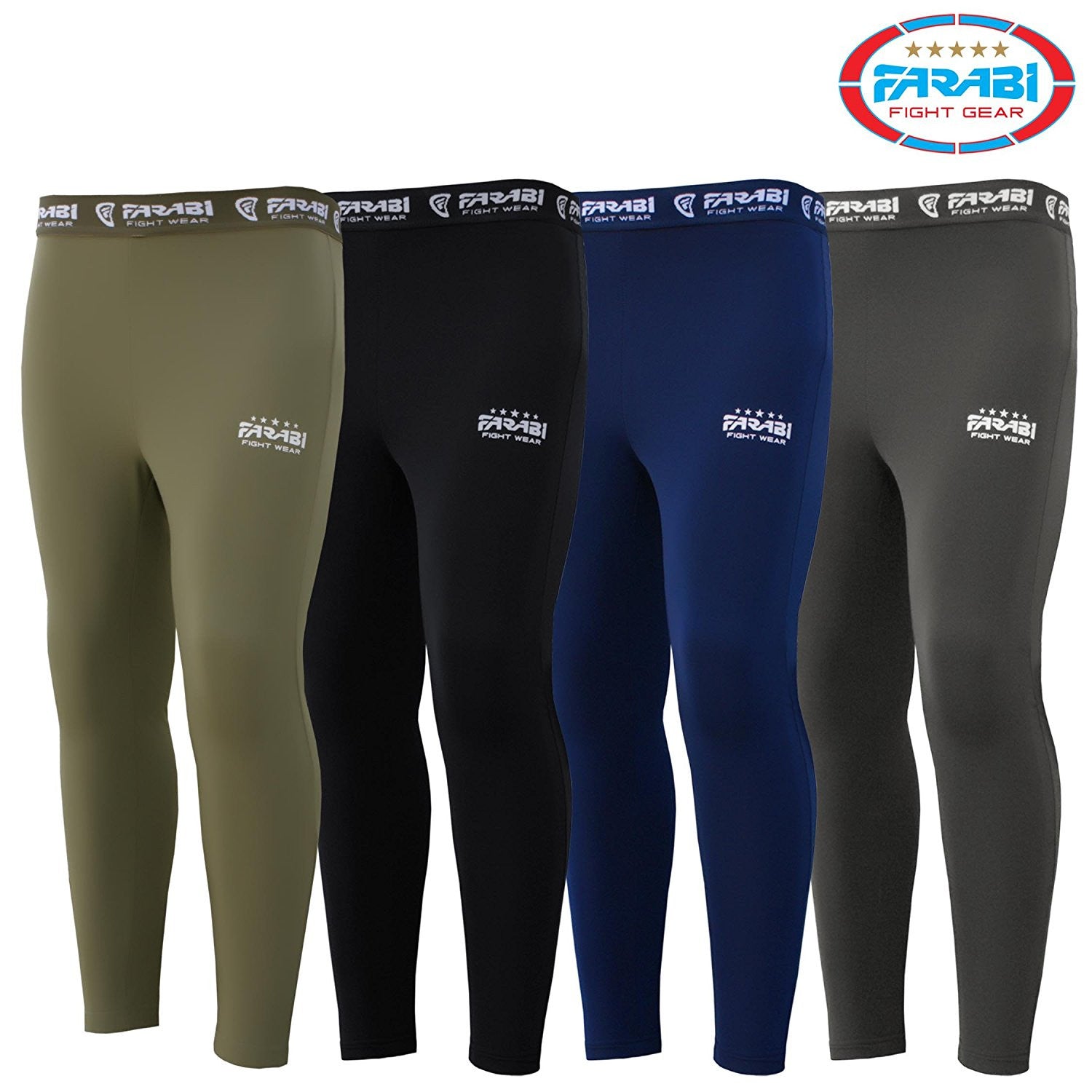 Farabi Sports compression leggings in green, black, blue, and gray designs, featuring the brand logo for comfort and style.