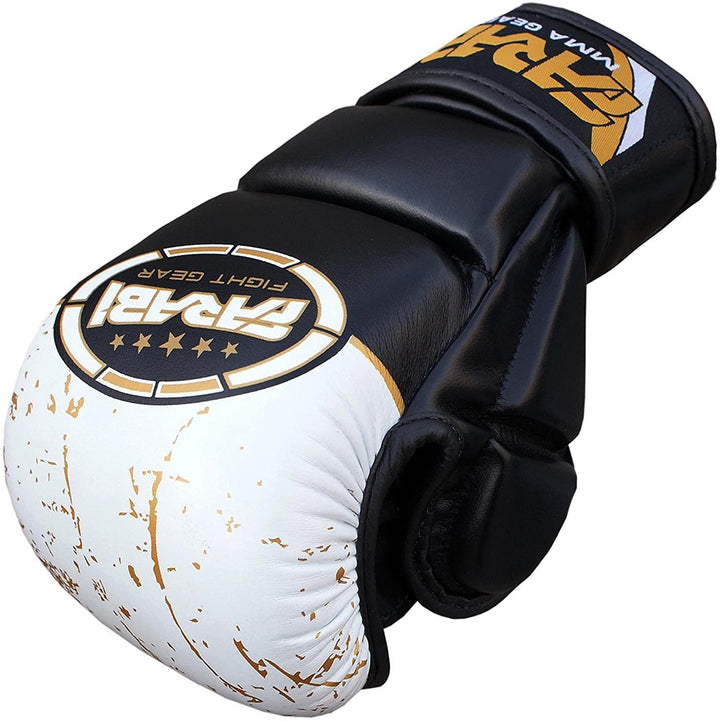 Farabi Sports 7-ounce fighting sparring gloves with hybrid semi-open design for training and competition.
