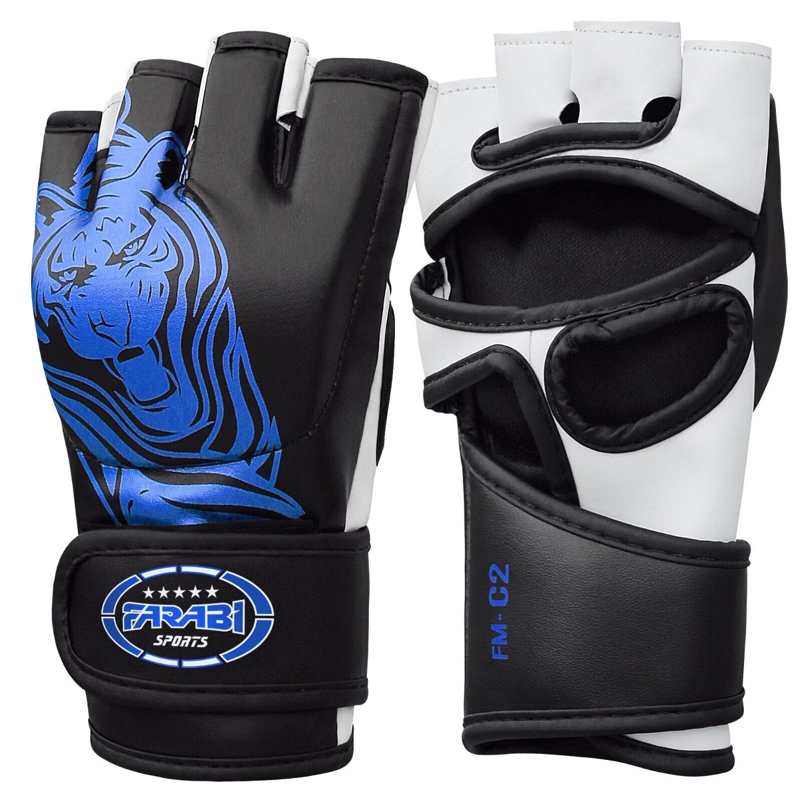 "Farabi Sports MMA gloves with a bold black and white design featuring a striking blue tiger graphic for durability and style.