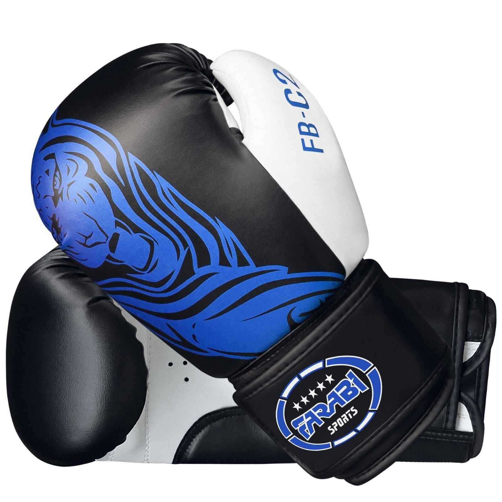 Farabi Sports boxing gloves with a sleek black and white design featuring a bold blue tiger graphic for durability and style.


