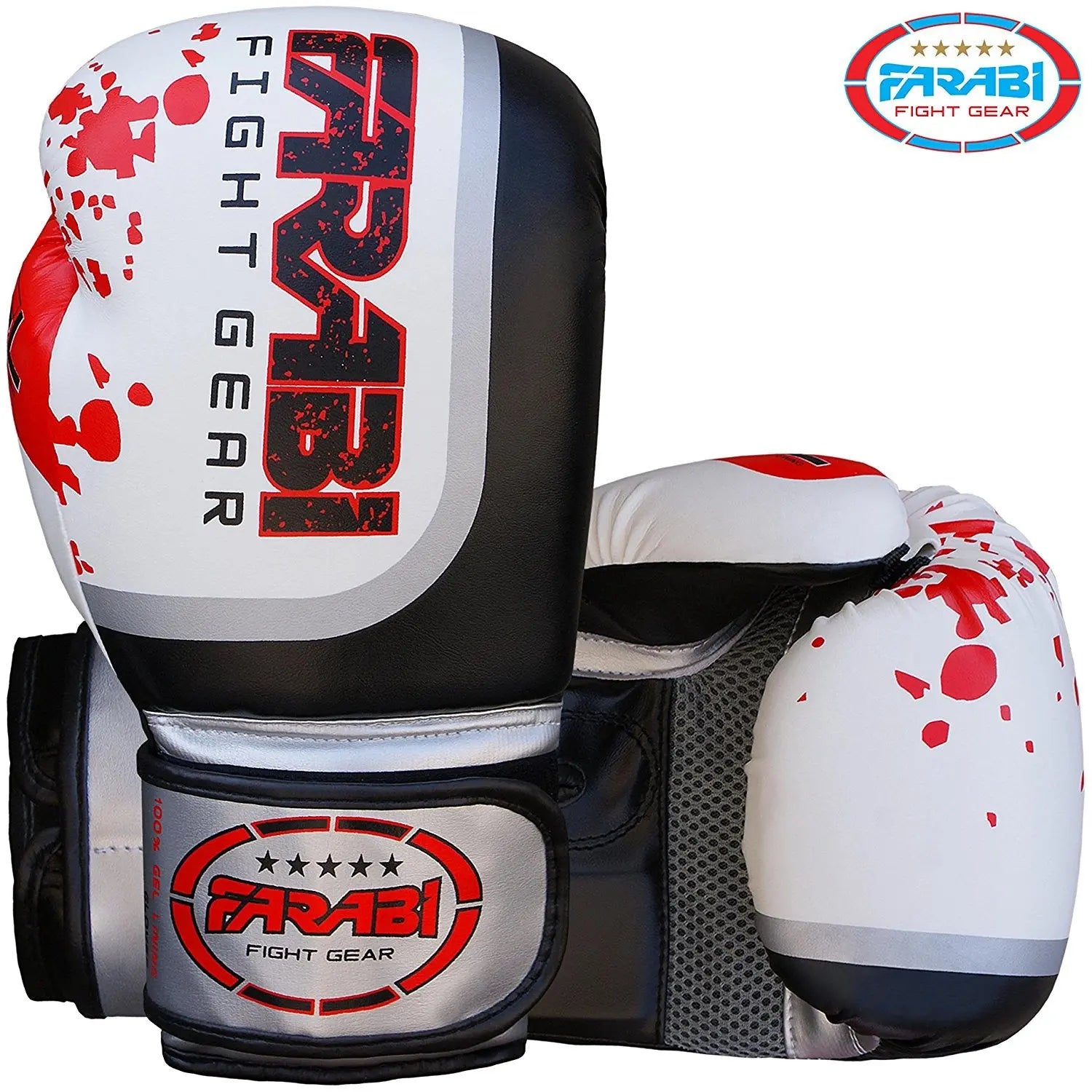 Farabi Sports boxing gloves with a striking red and white design, featuring durability and style for training and competition.