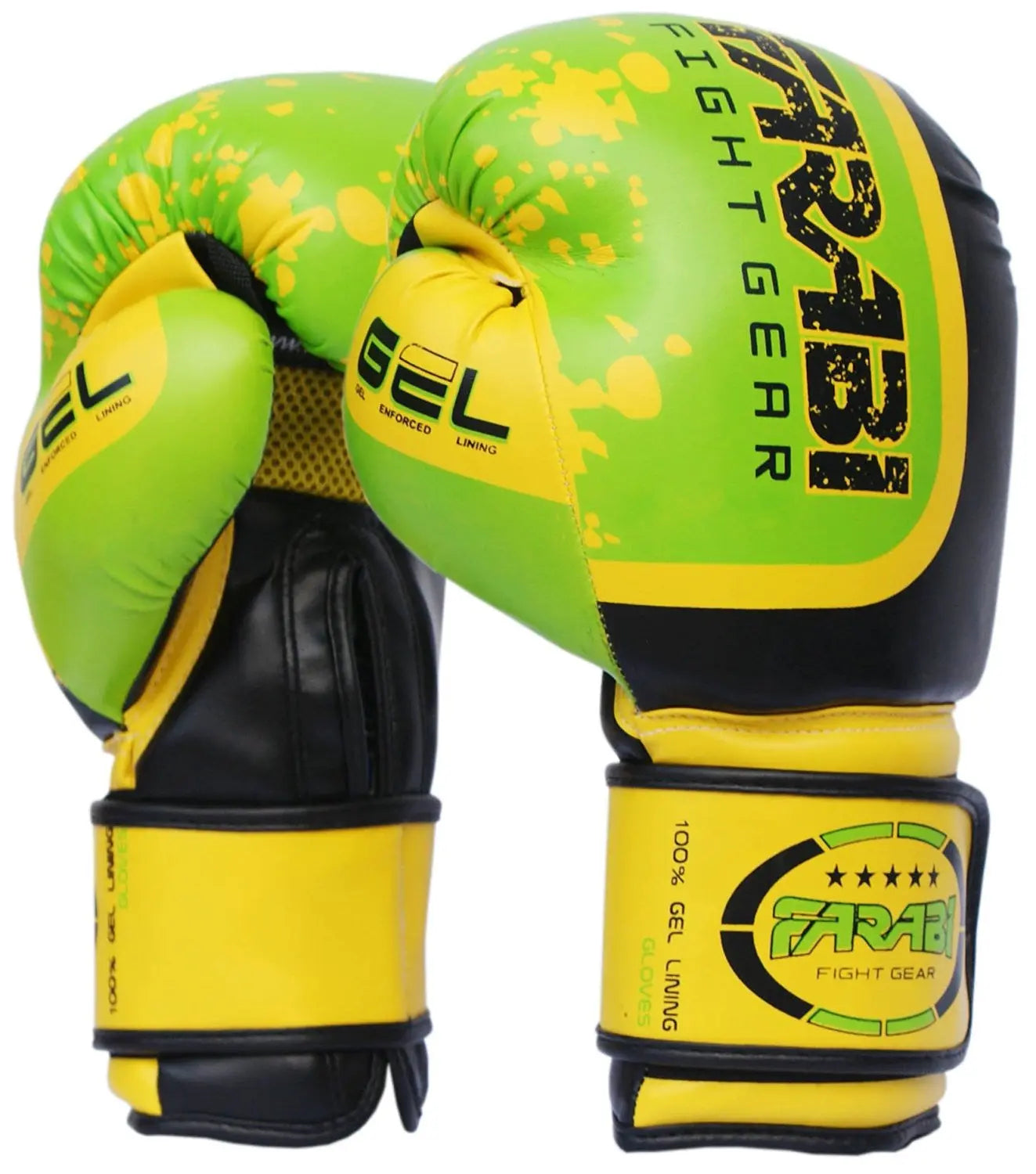 Farabi Sports boxing gloves with a bold green and yellow design, offering durability and style for training and competition.