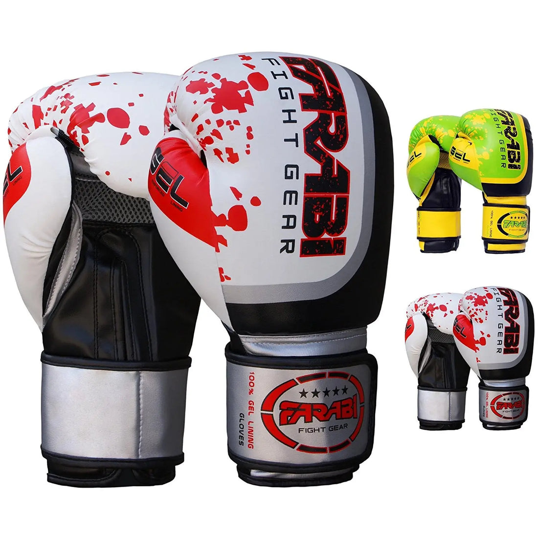 Farabi Sports boxing gloves with a bold red and white design featuring gel lining for enhanced comfort and performance.