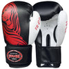 Farabi Sports boxing gloves with a bold black and white design featuring a striking red tiger graphic for durability and style.