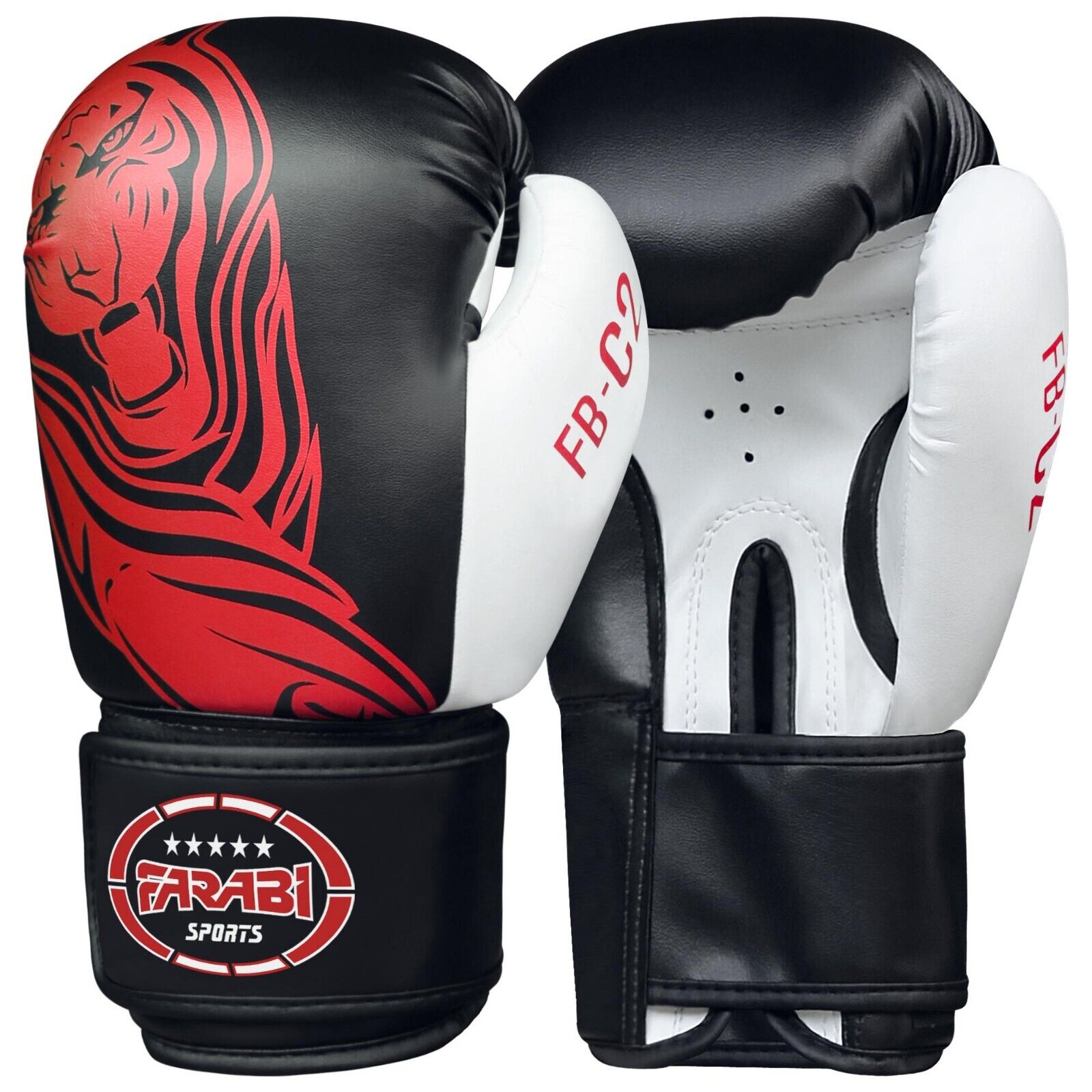 Farabi Sports boxing gloves with a bold black and white design featuring a striking red tiger graphic for durability and style.