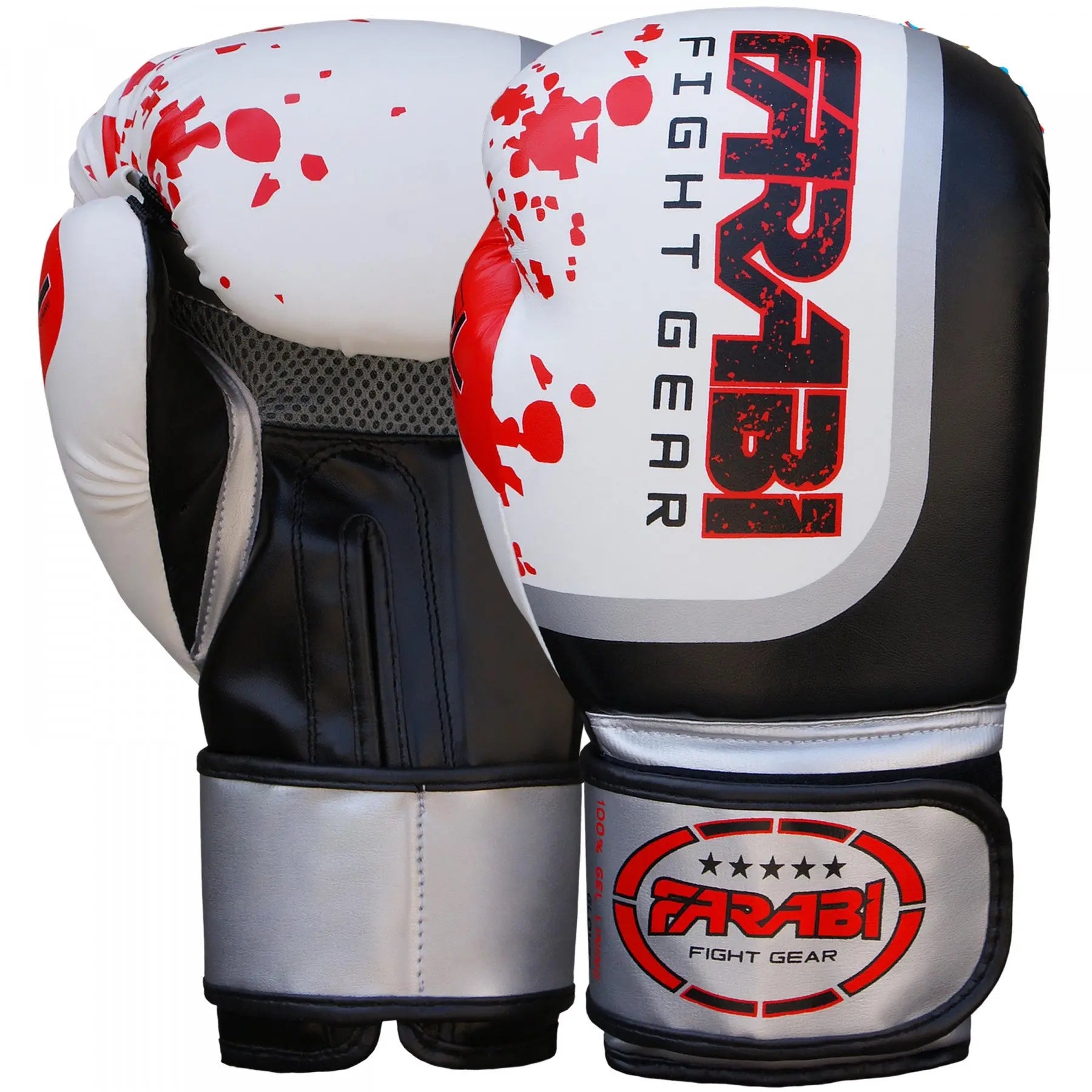 Farabi Sports boxing gloves with a striking red and white design, featuring durability and style for training and competition.