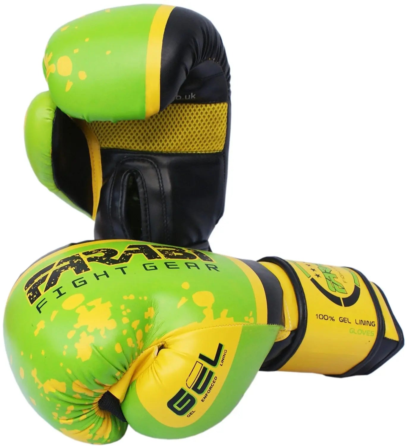 Farabi Sports boxing gloves with a bold green and yellow design, offering durability and style for training and competition.