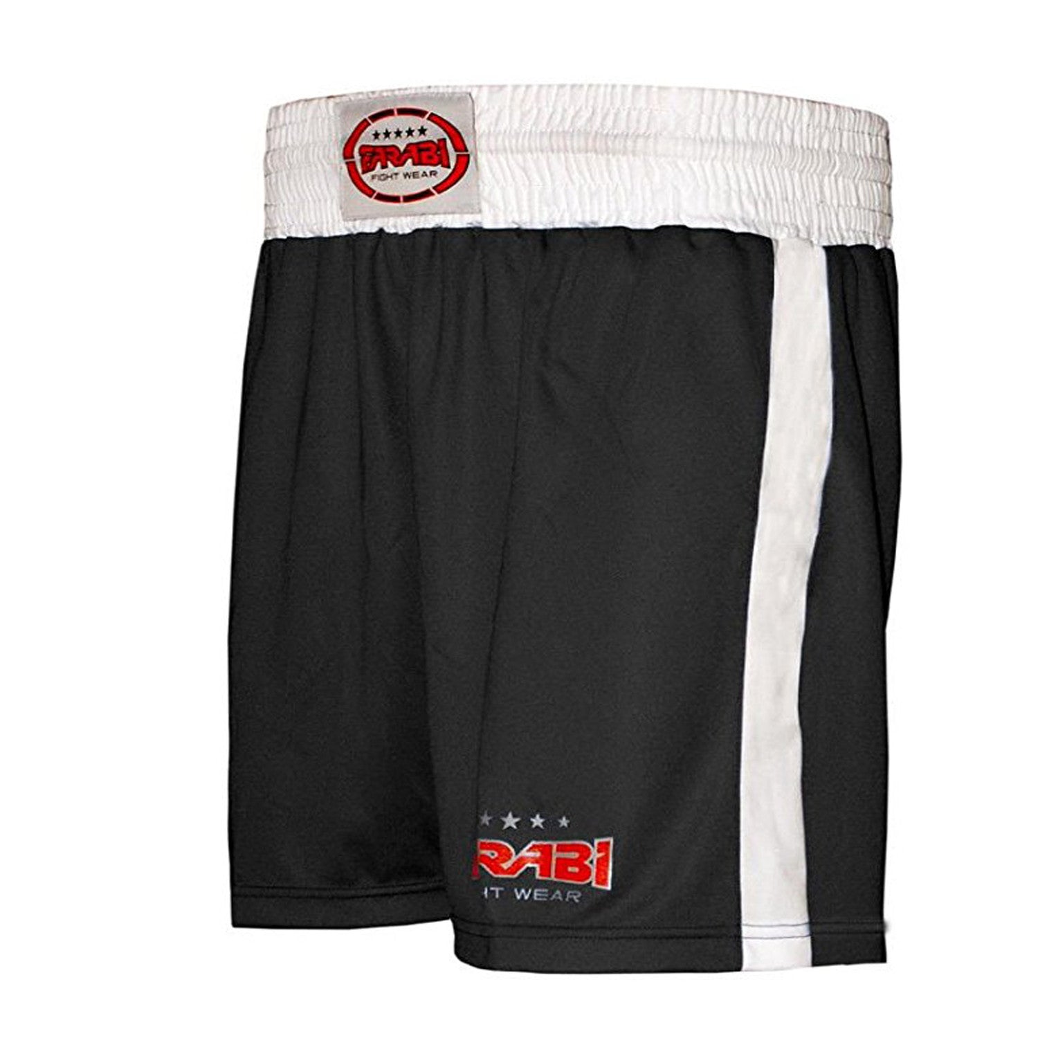 Farabi Sports boxing shorts with a sleek black and white design, featuring durability and style.