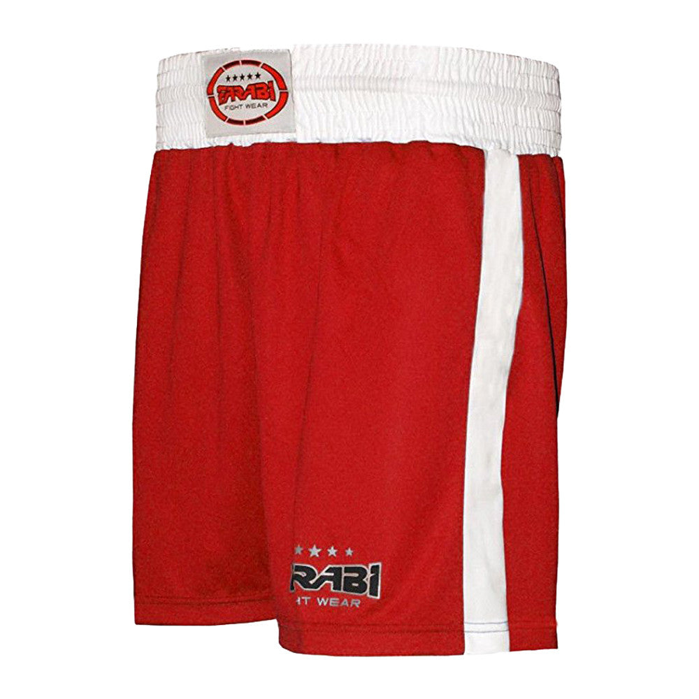 Farabi Sports boxing shorts with a bold red and white design, featuring durability and style.