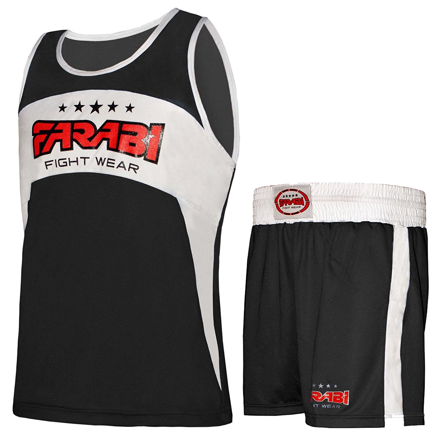 Farabi Sports boxing outfit with a sleek black and white design, featuring a tank top and shorts for durability and style.