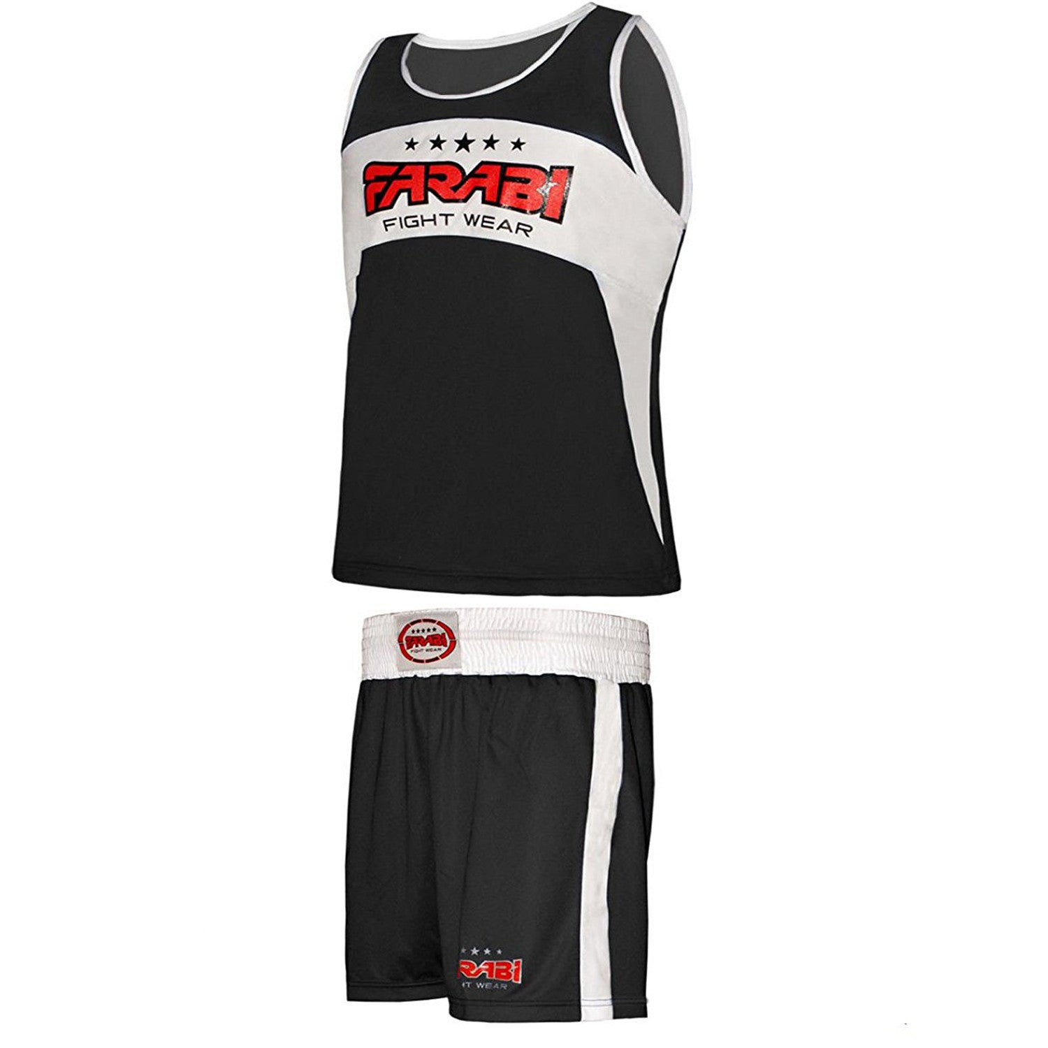 Farabi Sports boxing outfit with a sleek black and white design, featuring a tank top and shorts for durability and style.