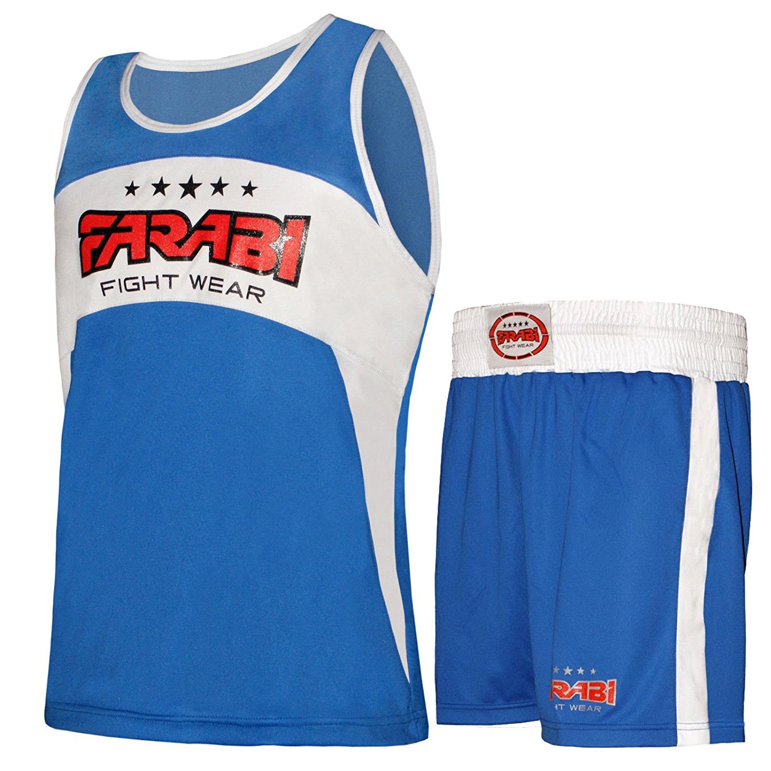 Farabi Sports boxing uniform with a sleek blue and white design, featuring a tank top and shorts for durability and style.