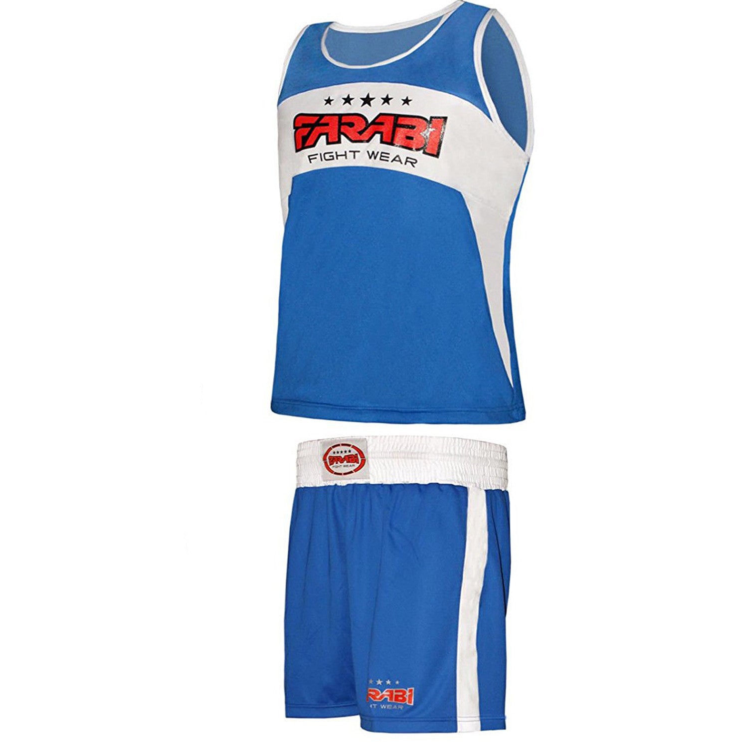 Farabi Sports boxing outfit with a sleek blue and white design, featuring a tank top and shorts for durability and style.