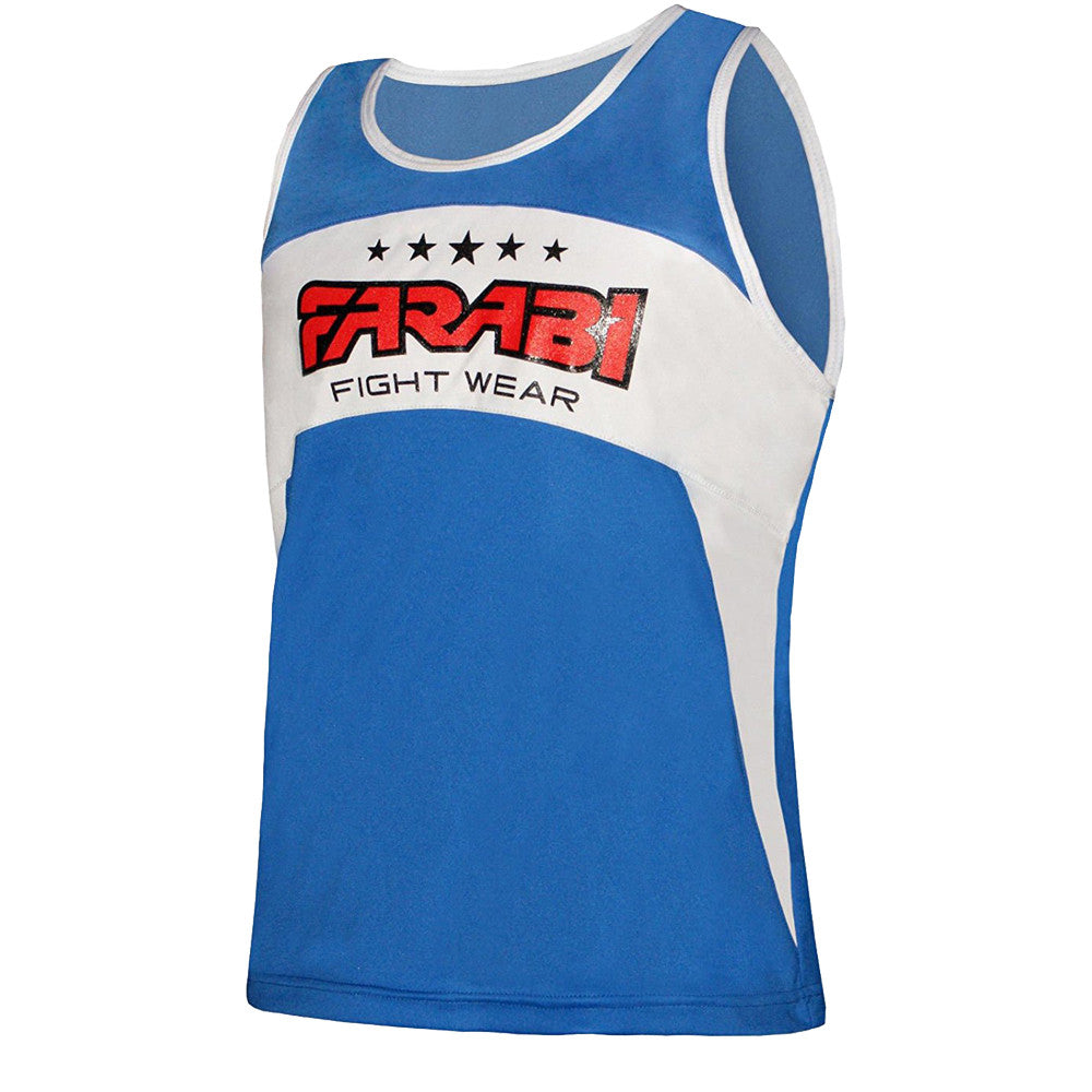 Farabi Sports boxing vest with a sleek blue and white design, featuring durability and style.