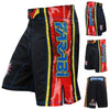 Farabi Sports MMA shorts with a bold black, red, and yellow design, featuring vibrant lettering for durability and style.
