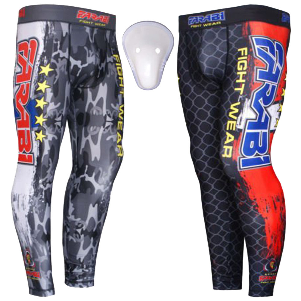 Farabi Sports compression leggings with a bold black and white design, featuring protective padding for durability and style.