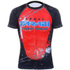 Farabi Sports rash guard with a bold red and black design, featuring dynamic patterns for durability and style.