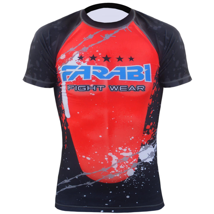 Farabi Sports rash guard with a bold red and black design, featuring dynamic patterns for durability and style.
