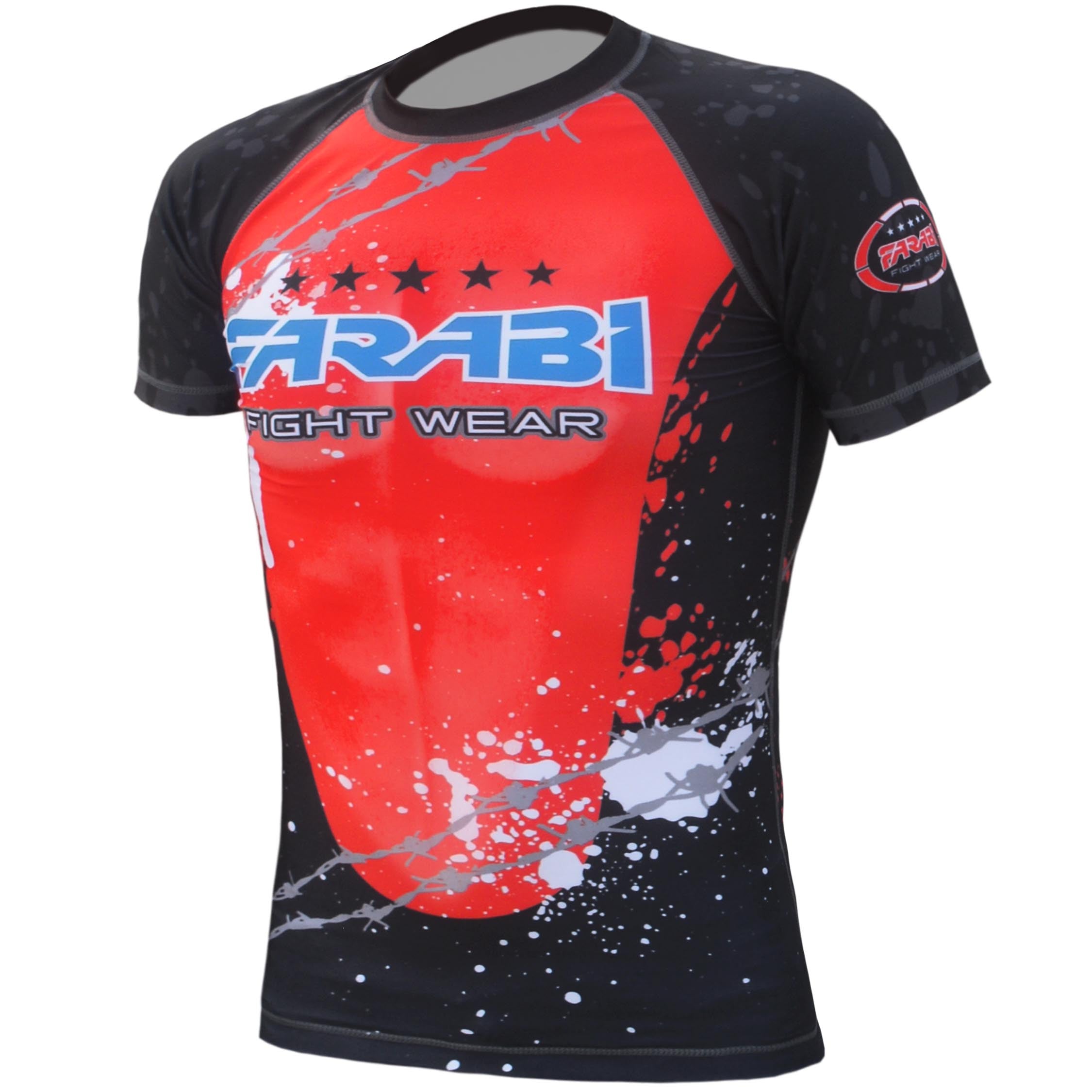 Farabi Sports rash guard with a bold red and black design, featuring dynamic patterns for durability and style.