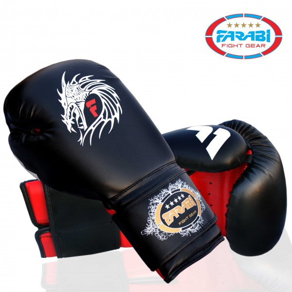 Farabi Sports boxing gloves with a bold black and red design, featuring a striking dragon graphic for durability and style.