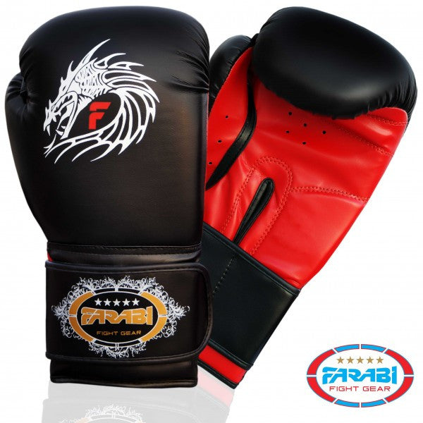 Farabi Sports boxing gloves with a bold black and red design, featuring a striking dragon graphic for durability and style.