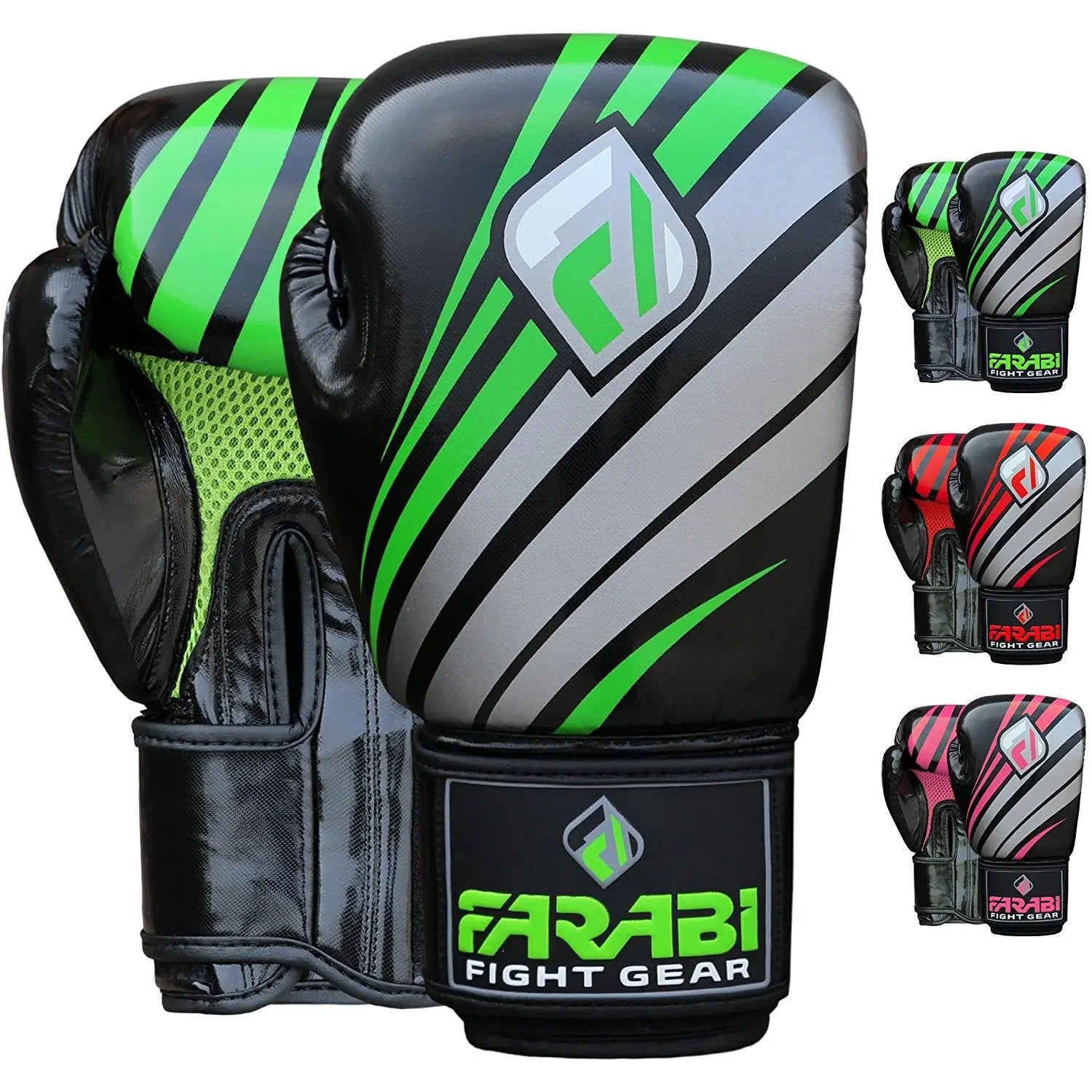 Farabi Sports boxing gloves with a bold green and black design, featuring durable construction for training and competition.